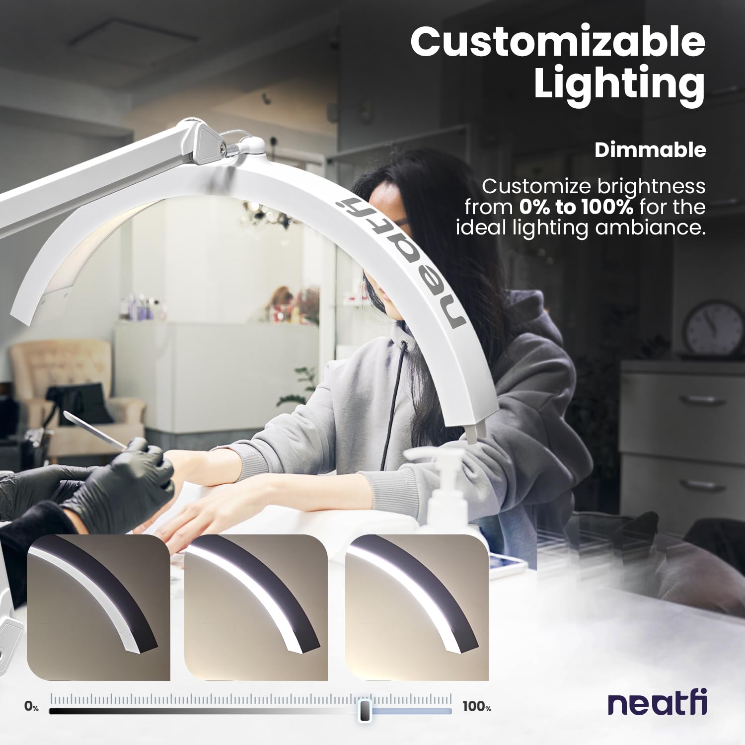 Neatfi Lampada da Tavolo con Braccio Oscillante a Mezza Luna, Illuminazione LED Professionale per Estetisti, 2500 lumen, 5 modalità, ideale per Nail Art (CCT con Base e Morsetto, Bianco)