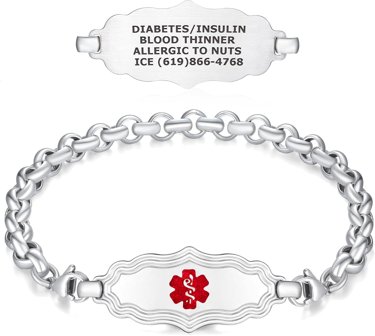 Divoti Medical Alert ID Bracelets for Women, Custom Engraved Stainless Steel ID Victorian Art Deco Design w/Rolo Chain, Stylish & Comfortable Personalized Emergency Alert Jewelry