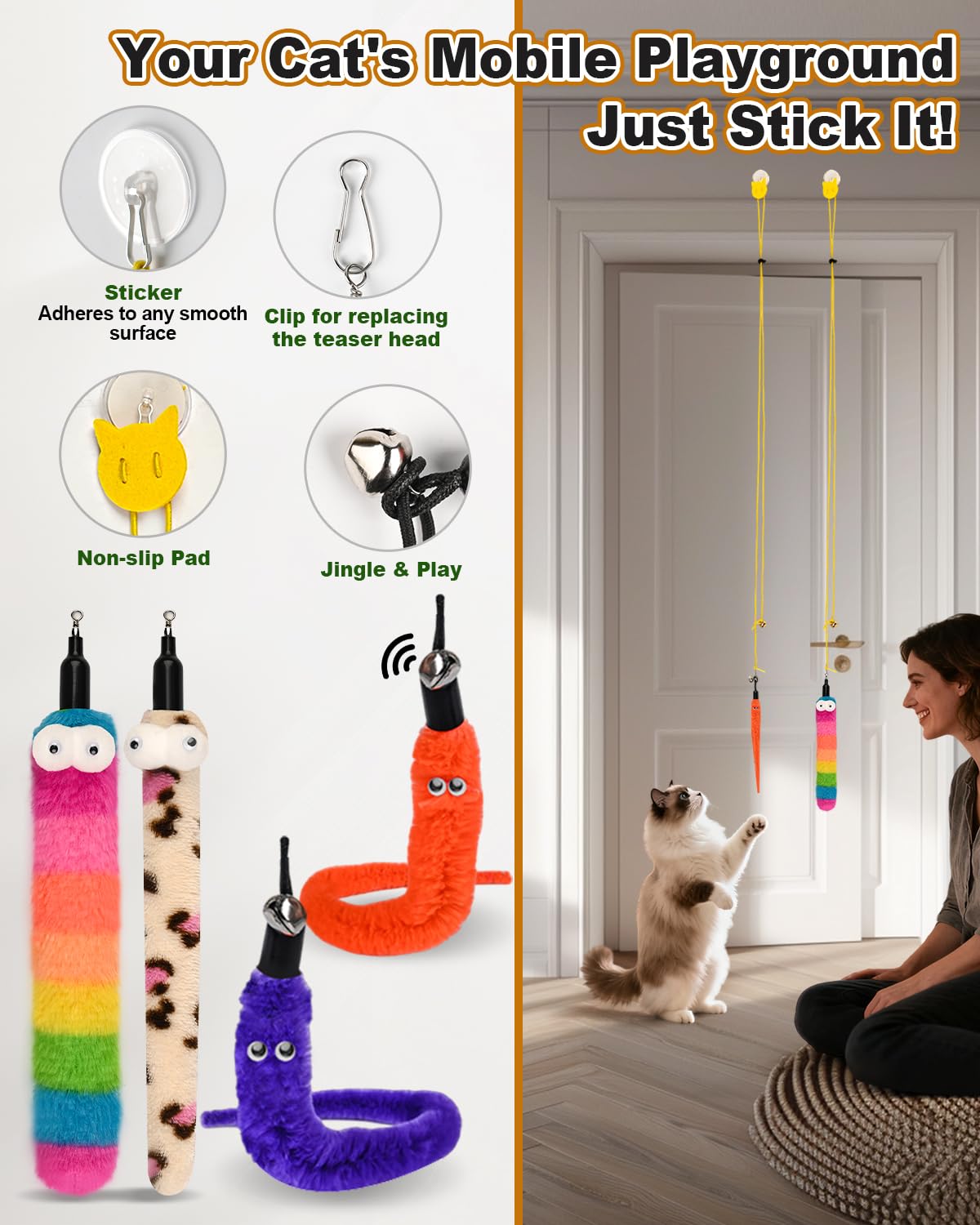 Katzenfeder-Spielzeug, verbesserter Saugnapf, Katzenspielzeug für den Innenbereich, interaktiver Katzenstab, 2 Arten von Türhängern, Katzenschnur, Spielzeug, 12 Stück Angelruten-Federn