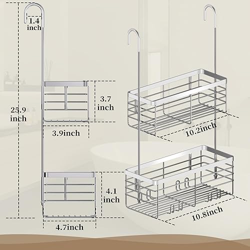 Miniatura 5 de DELLAN Organizador de ducha colgante, estante de ducha de 2 niveles con ganchos sobre la puerta, carrito de ducha de baño y cesta