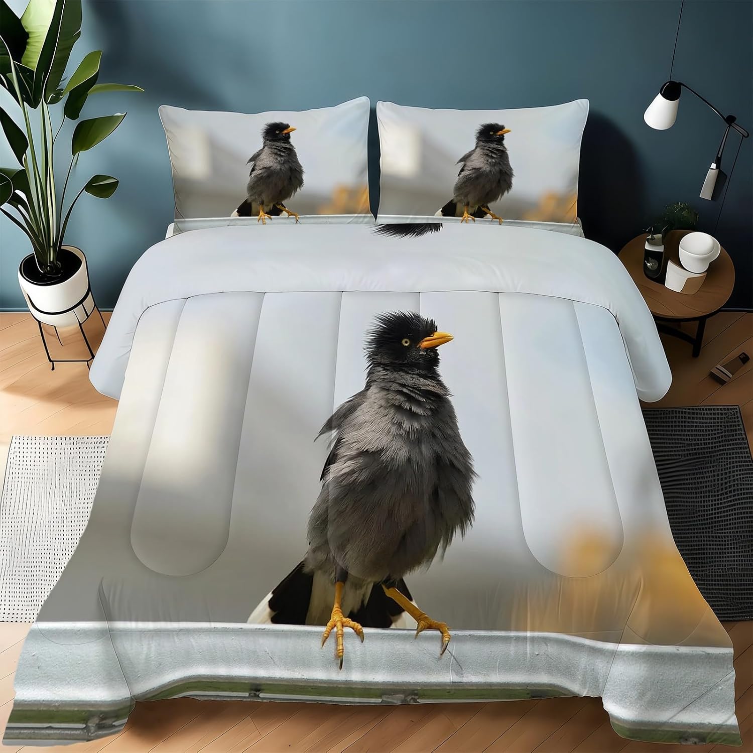 Gray Bird King Size Comforter Set, Minimalist Comforter King Size Luxury Soft Microfiber Fluffy Printing Duvet Insert, Quilt with 2 Pillowcases for Kids and Adults YUb2759