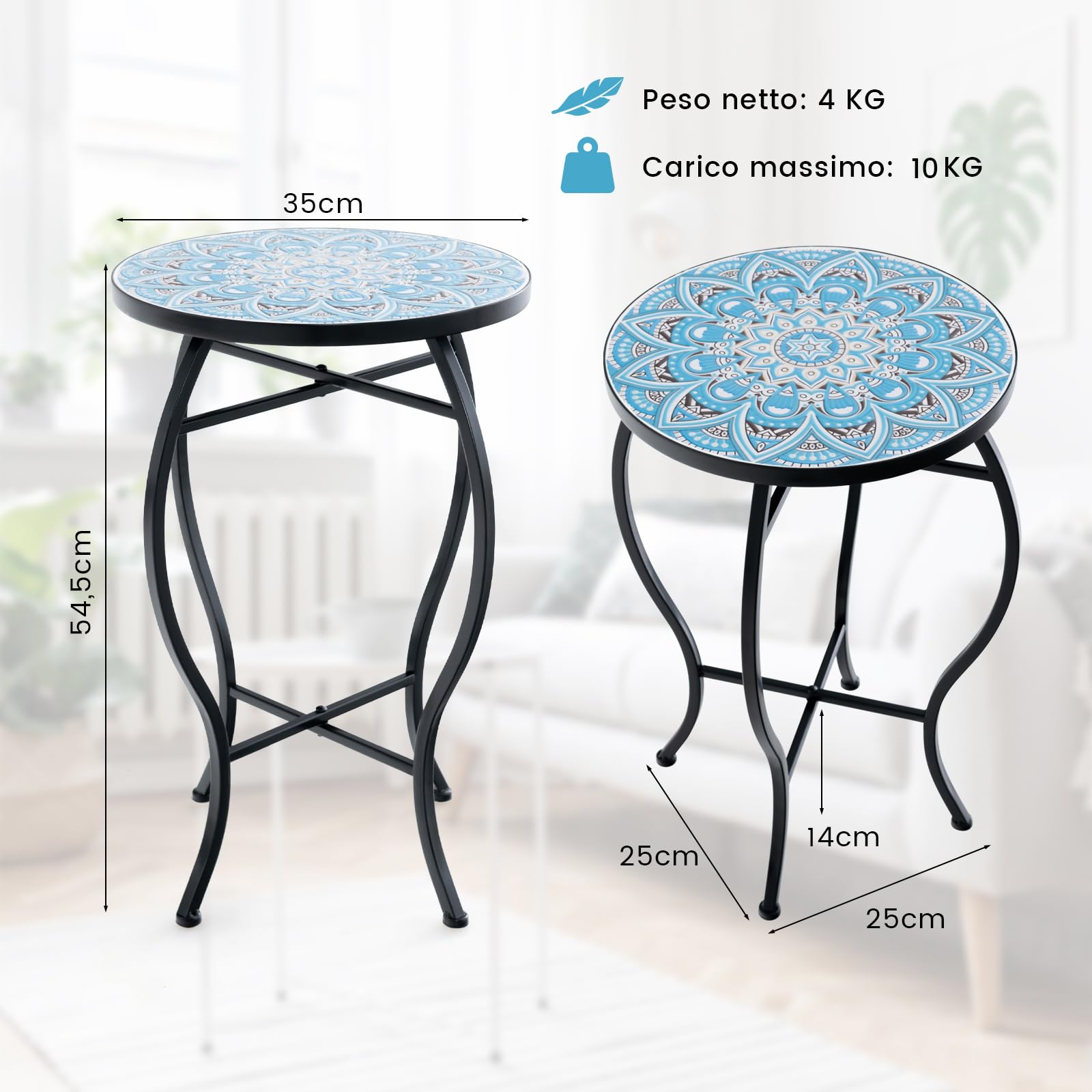 COSTWAY Tavolino Porta Fiori con Piastrelle di Ceramica e Gambe in Metallo | Tavolino Porta Piante da Esterno ed Interno per Balcone, Giardino e Salotto