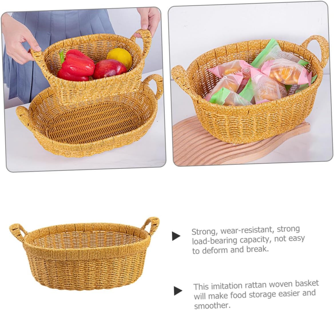 Simulated Rattan Serving Tray Basket with Handles Large Oval Deep Plastic Bread and Fruit Storage Organizer for Kitchen and Outdoor Picnic