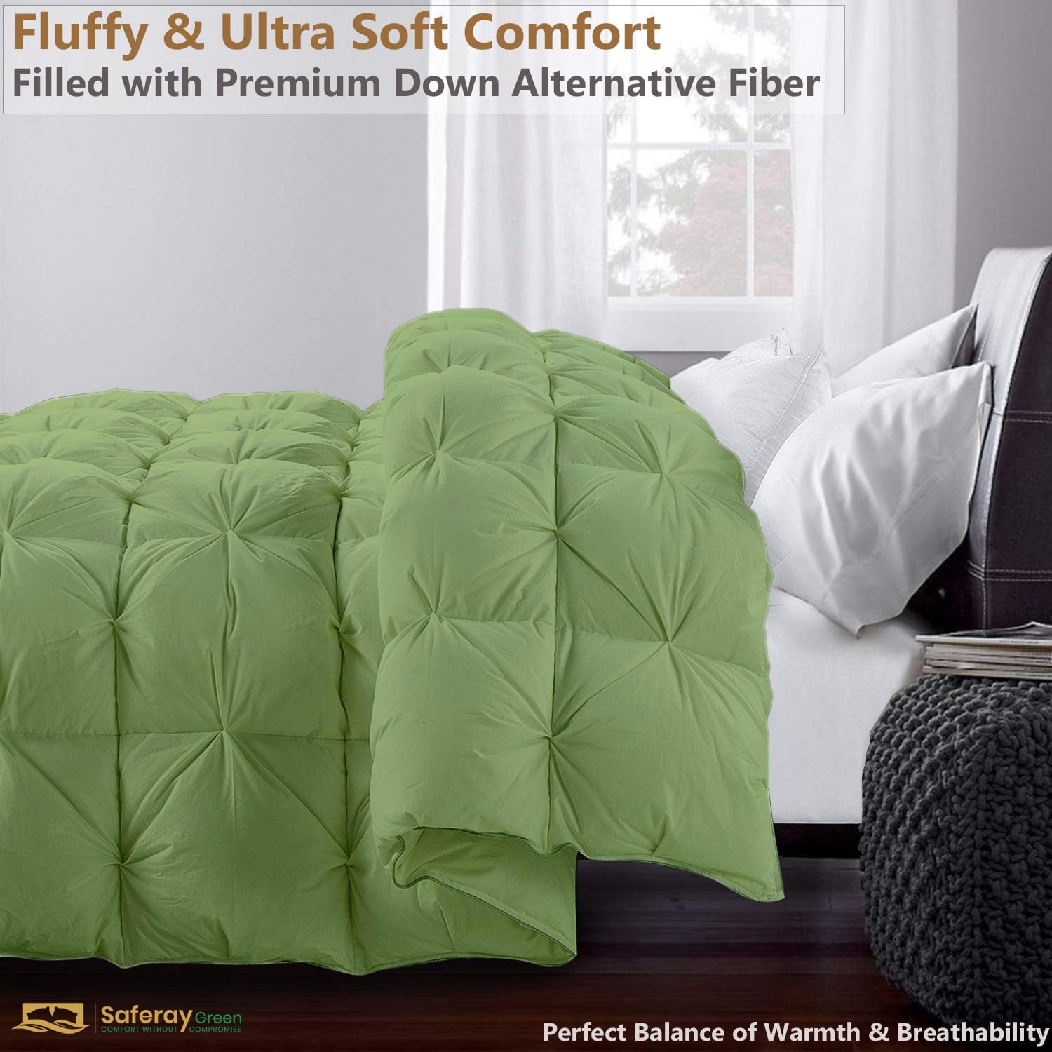 Oversized King Down Alternative Comforter 132x120 Inch Moss – 500 GSM Ultra Soft Breathable, Luxury Pintuck Pinch Pleat, All Season Duvet Insert with Corner Tabs, Machine Washable