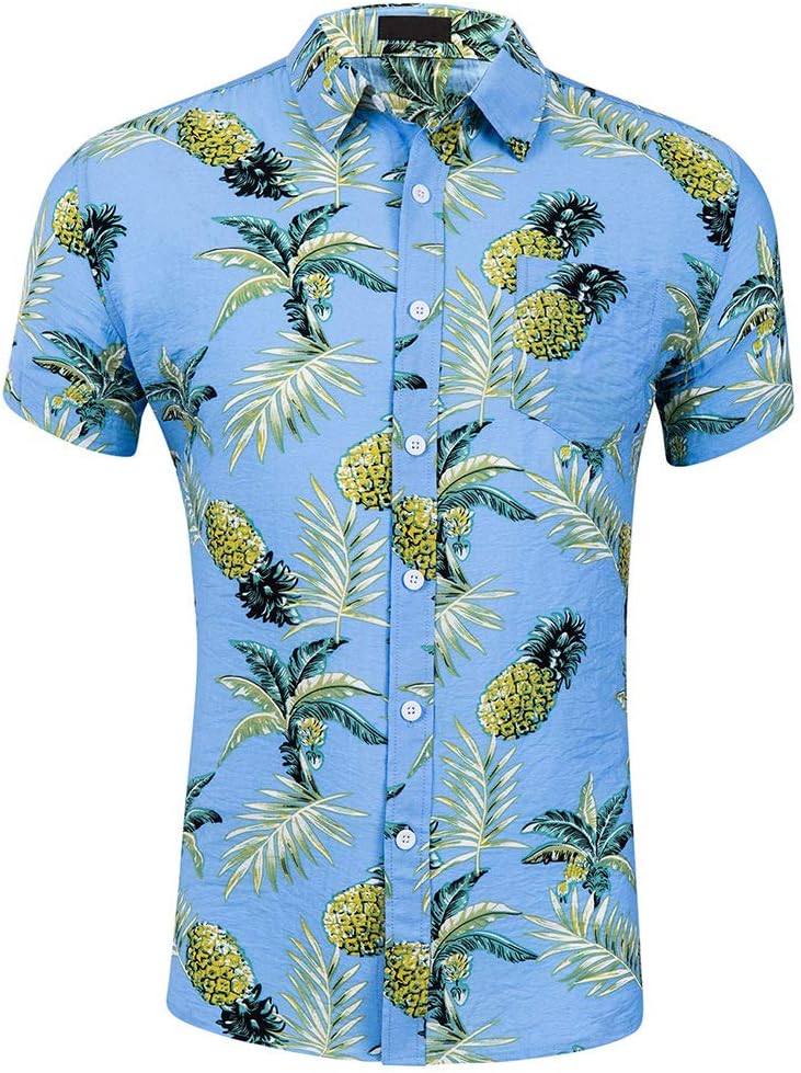 CATERTO Men's Short Sleeve Standard-Fit 100% Cotton Button Down Casual Pineapple Hawaiian Shirt