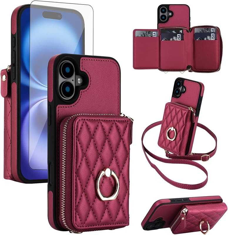 Asuwish Compatible con iPhone 16 Plus de 6,7 pulgadas, funda tipo cartera cruzada y anillo protector de pantalla, función atril, bolso con cremallera, tarjetero con bloqueo RFID, i Phone16 16+ i16 + 16Plus para mujeres y niñas, color rojo