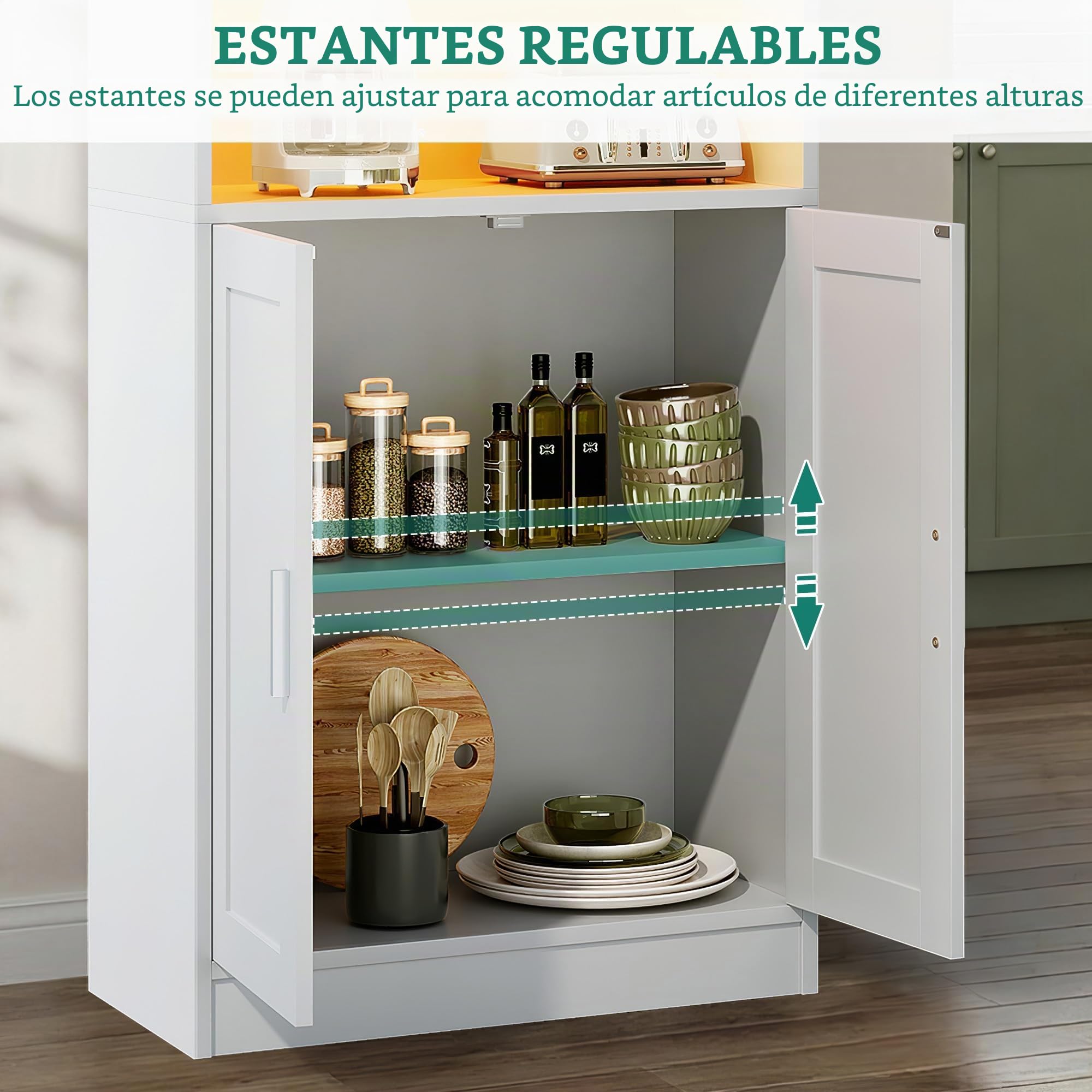 YITAHOME Estantería Alta estantería de Madera con Puertas de Armario, Moderna estantería con Zona de exposición, Mueble de almacenaje con iluminación para hogar, Oficina y salón, Blanco