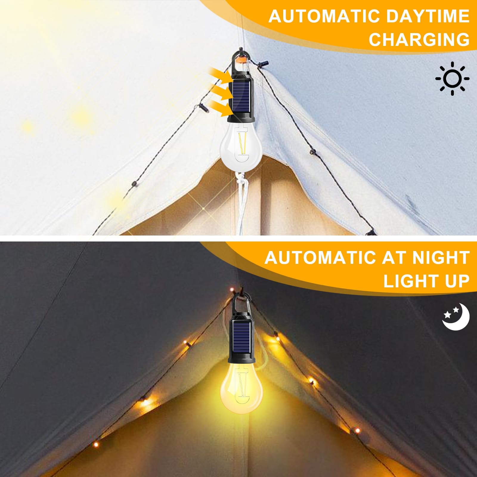 Lampada da campeggio ricaricabile, 5 pezzi LED da campeggio a energia solare, luci da campeggio ricaricabile, lampada da campeggio con moschettone, set di lampadine da campeggio, luminosità regolabile