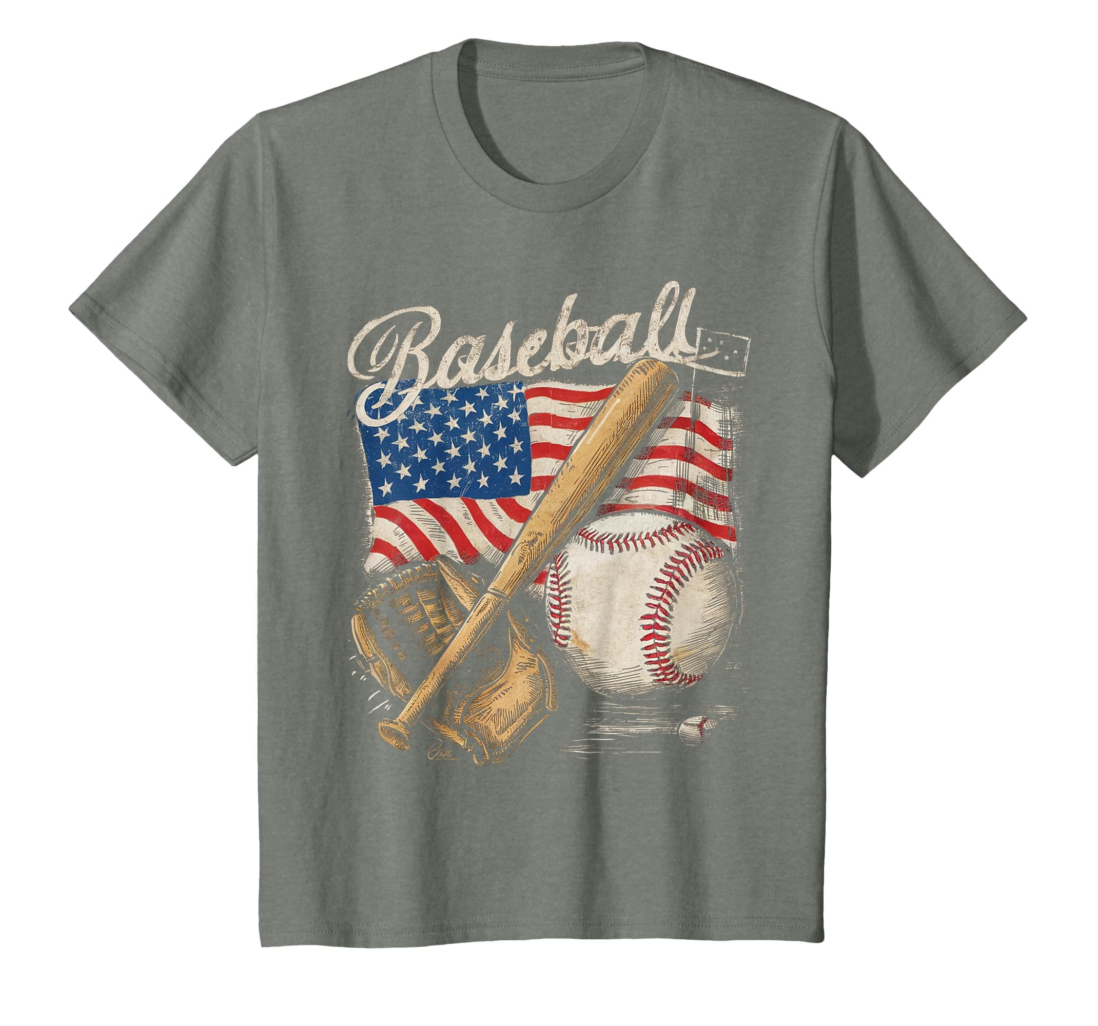 American Flag Baseball Player Bat Fan Catcher Pitcher USA T-Shirt