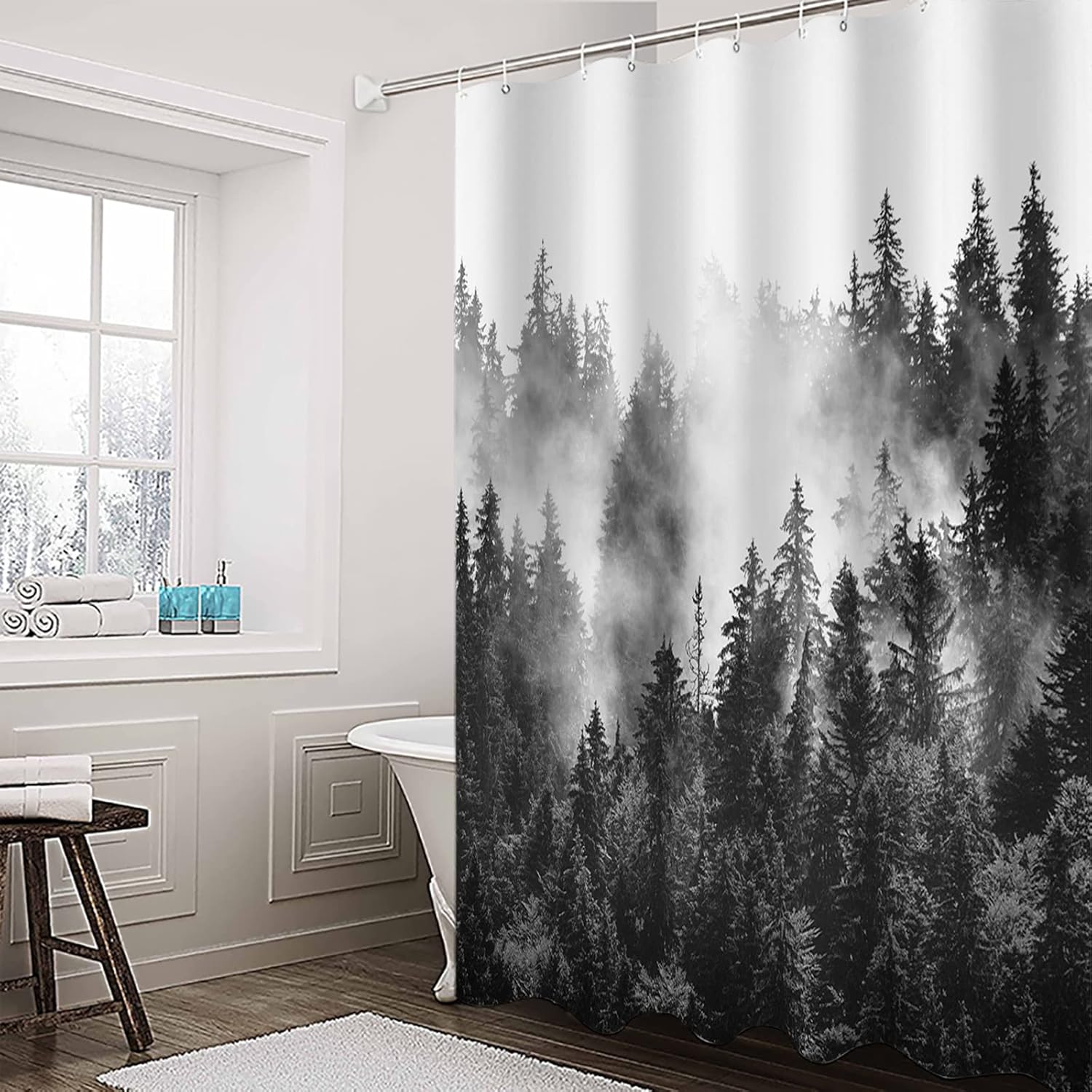 QueenKer Shower Curtain, Summer Photography Black and White Forest Waterproof Fabric Shower Curtain Set with 12 Hooks, Bathroom Curtains for Farmhouse Home Hotel Holiday Decor, 36" W x 72" L
