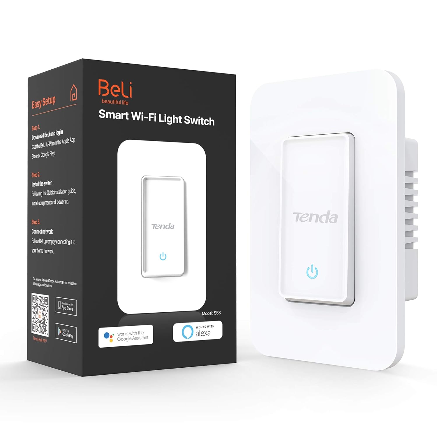 Beli SS3 Smart Light Switch,Tenda 2.4GHz Wifi Light Switch | Works with Alexa&Google Assistant | Remote control | Single Pole | Neutral Wire Required | No Hub Required | ETL/FCC Certified,White,1-Pack