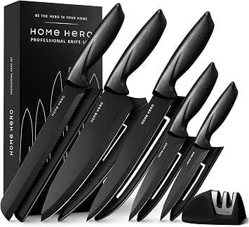 Home Hero 11-Piece Black Stainless Steel Kitchen Knife Set | Protective sheaths & 2-stage sharpener included; chef, bread, carving, utility & paring knives with ergonomic handles.