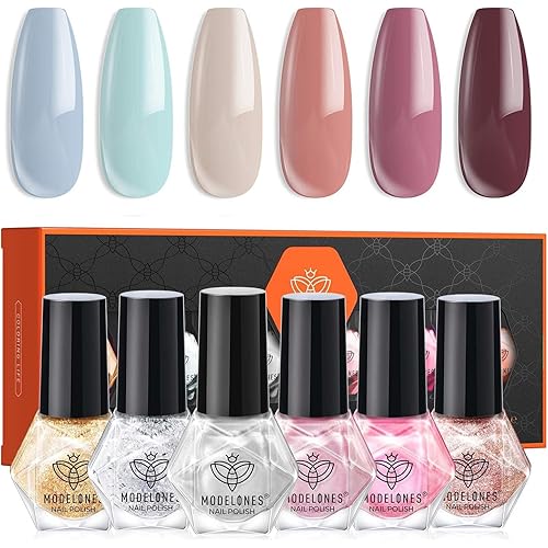 modelones Nail Polish, 6 Colors Blue Quick Dry Mini Starter Kit, Long Lasting Art DIY Manicure Set at Home for Women Girls