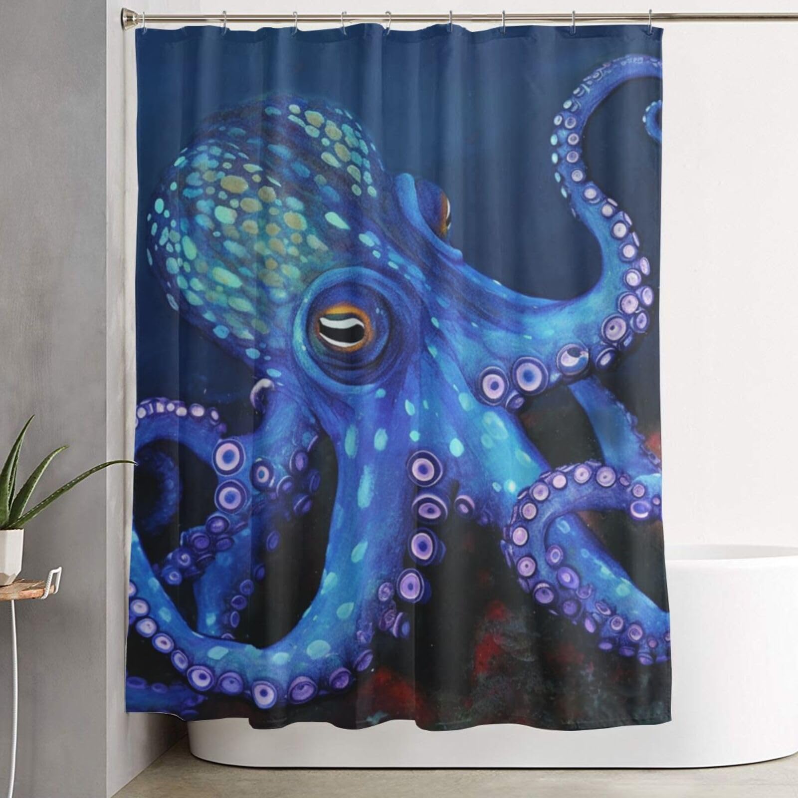 Rideau de douche pieuvre bleue pour créer une ambiance océanique relaxante