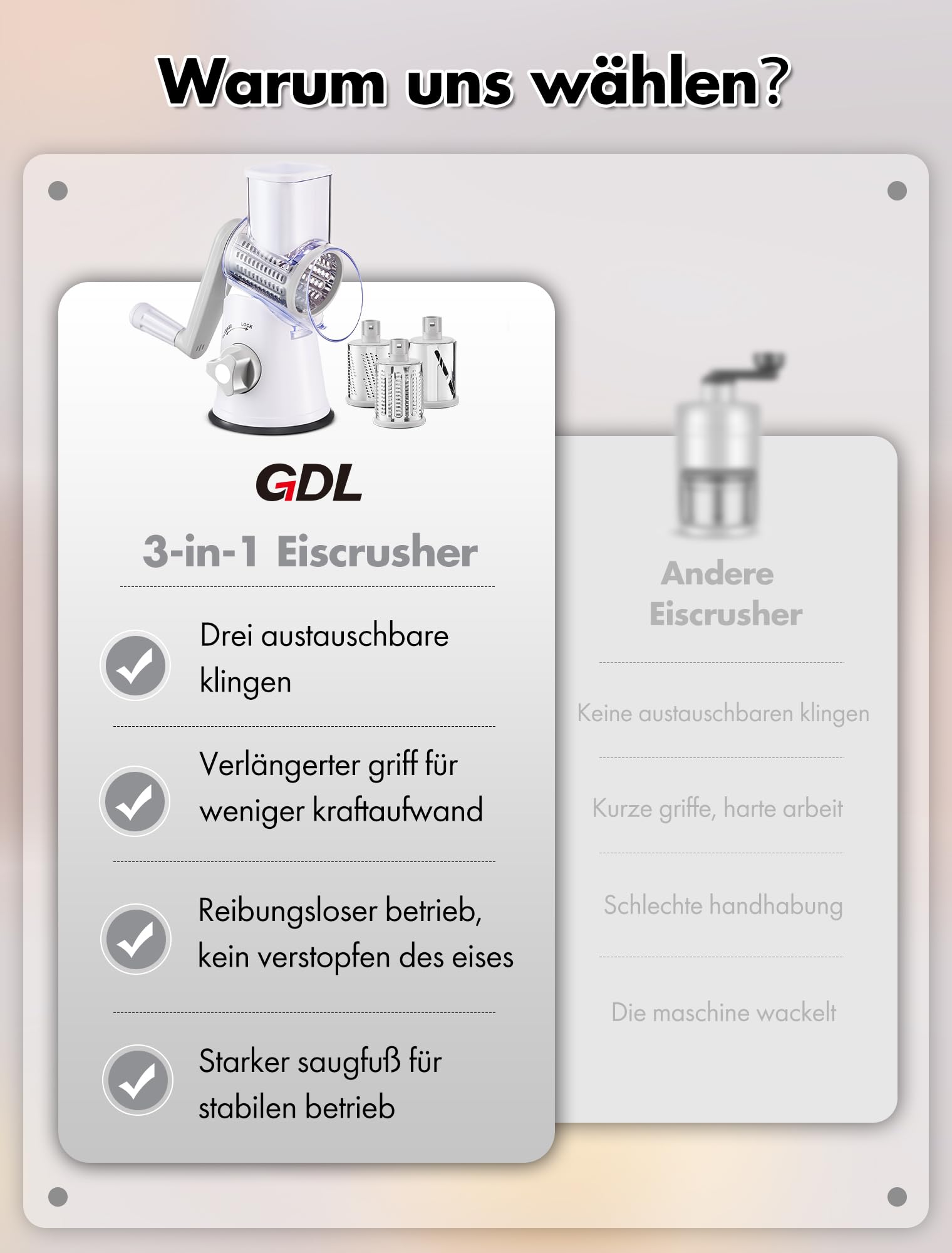 GDL Ice Crusher, Slushy Maker Maschine mit 3 Trommelmessern, Eiscrusher Manuell mit Kurbel Spülmaschinenfest und Schnellschnitt, Crushed Ice Maker Reibe für Eis, Slushy, Gurke, Karotte, Käse (Weiß)