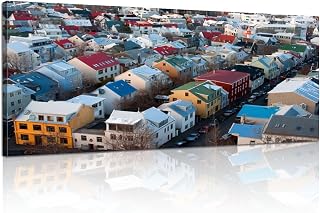 Canvas Wall Art Painting Overhead view colorful buildings homes Reykjavik Iceland Modern Print Stretched Framed Artwork Wall Poster for Living Room Bedroom Office Wall Decor 20x40 Inch