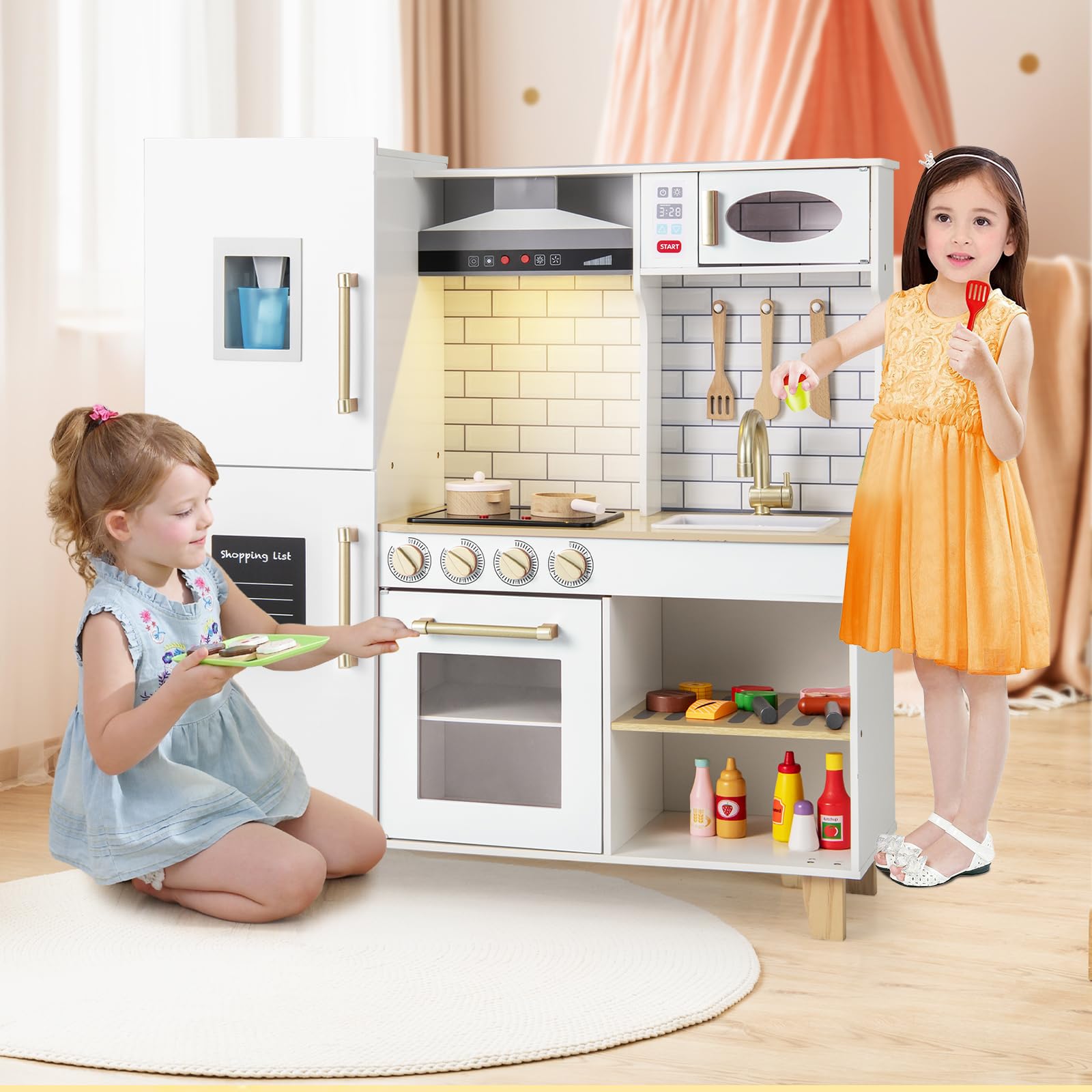 HOMASIS Spielküche mit 10 Zubehör, Kinderküche mit Spüle Herd Dunstabzugshaube Ofen Mikrowelle Tafel Grill Eismaschine, Spielzeugküche mit Licht & Sound, Holzküche für Kinder ab 3 Jahre (Weiß)
