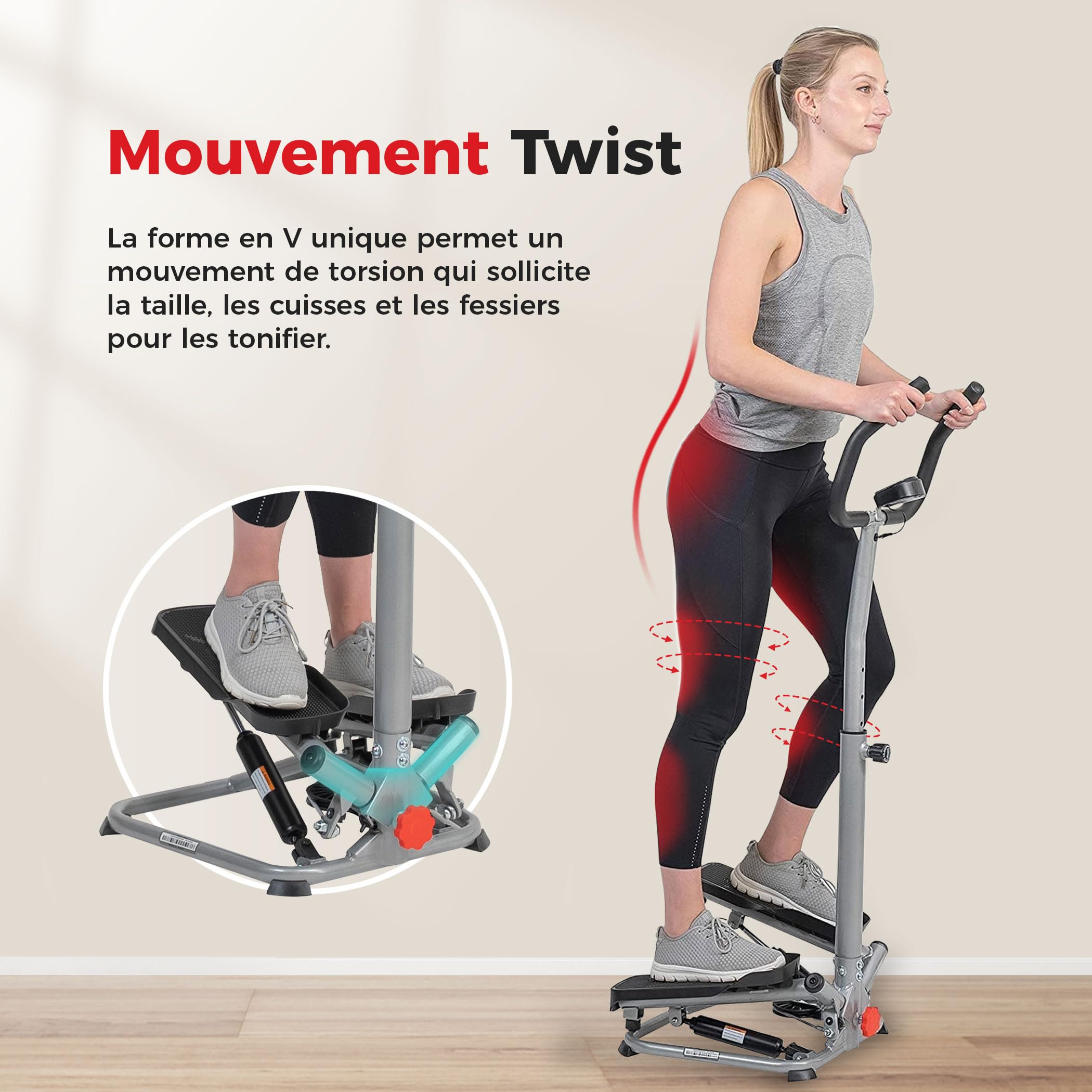 Sunny Health & Fitness Stepper de Fitness avec Guidon, Appareil Cardio pour Jambes, Abdos et Fessiers, avec Mouvement de Rotation Optionnel, Bandes de Résistance et Application SunnyFit Gratuite