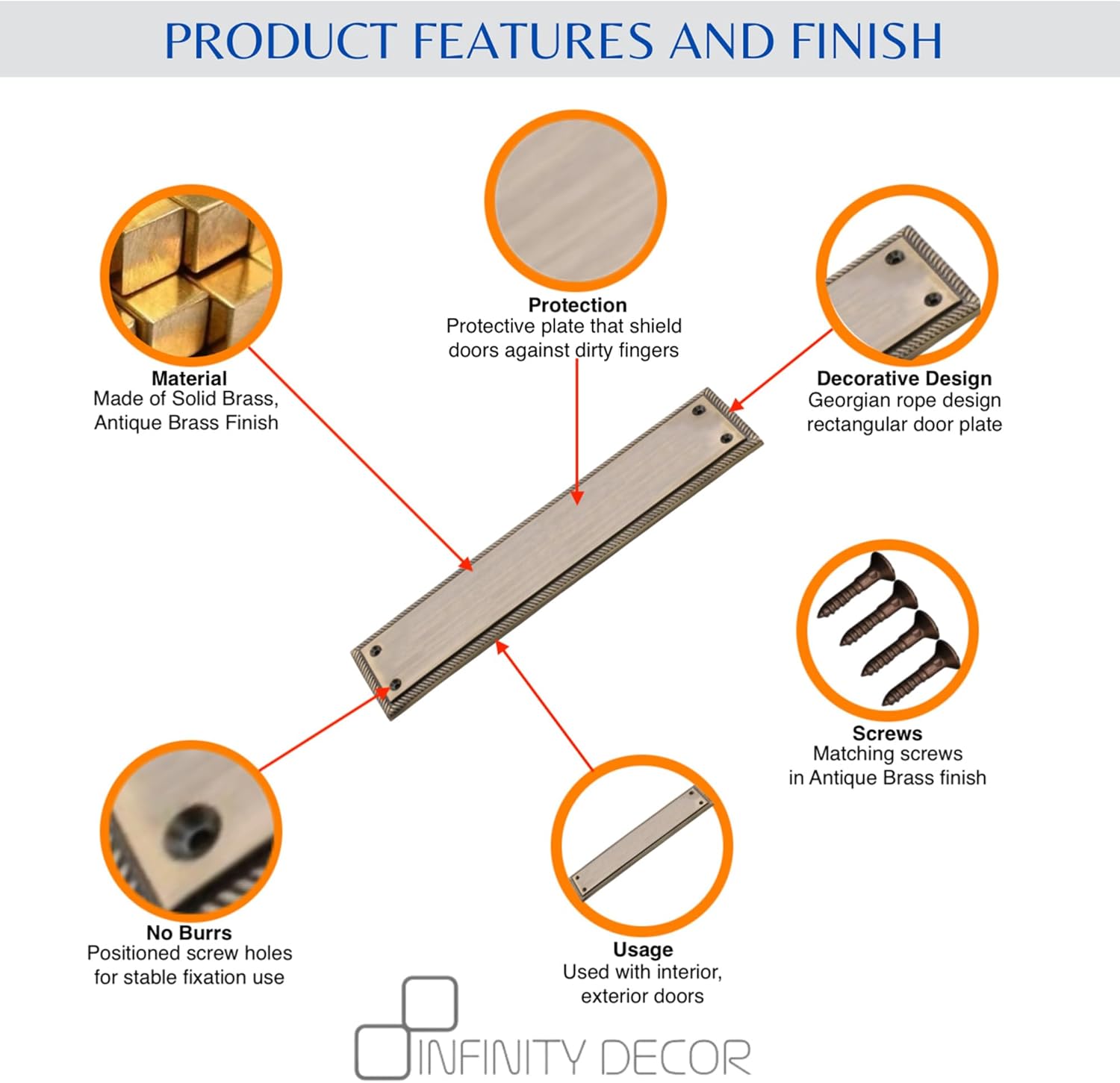 5mm Heavy Duty Solid Cast Brass Georgian Finger Plate Door Push Plate 285x 67mm (Antique Brass)