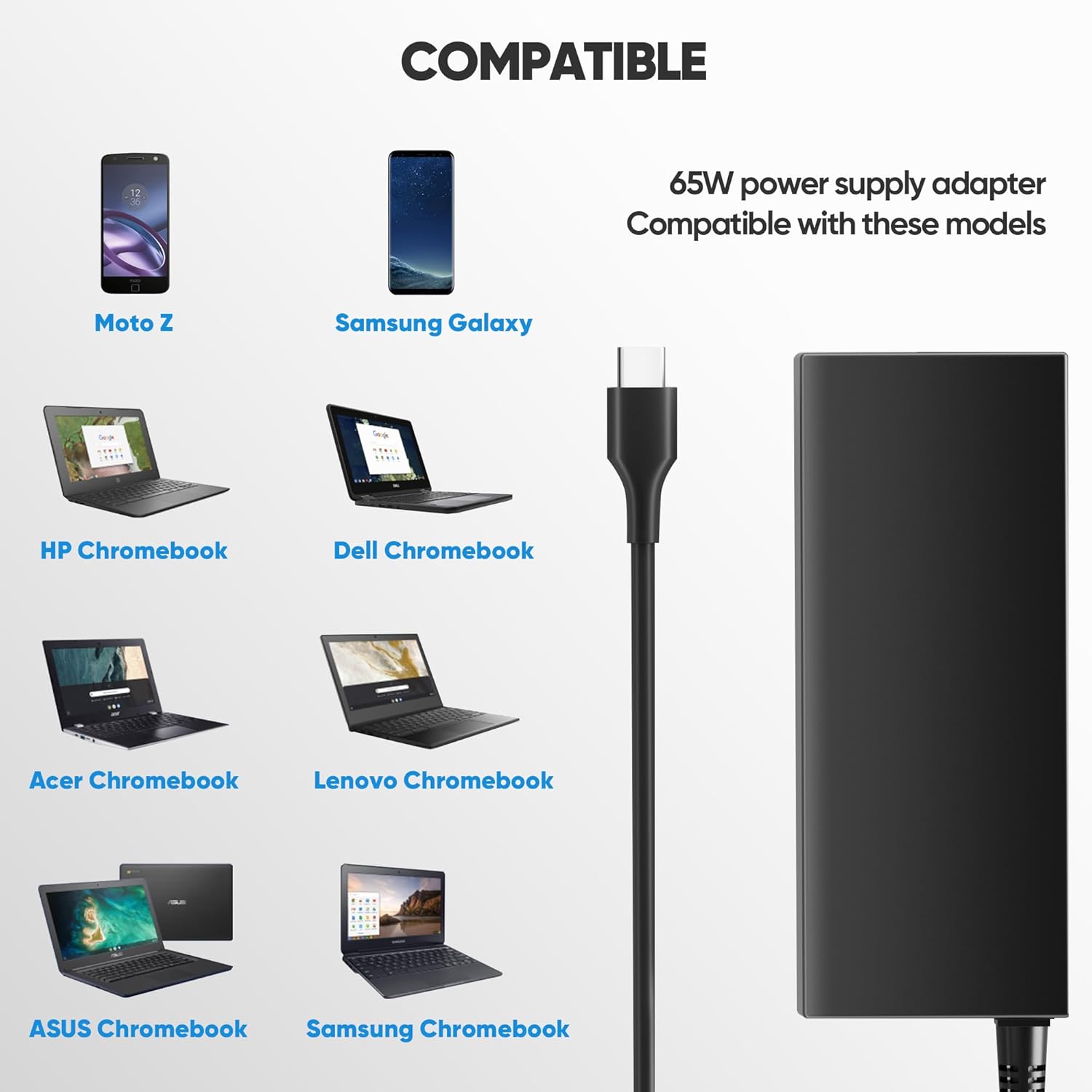 65W USB C Laptop Charger, Compatible with Lenovo ThinkPad Chromebook X1 X13 T14 T15 E14 E15 T480s T490 E480 Yoga 7i 9i Thinkbook 13s 14 15 16 Plus G4, AC Power Adapter