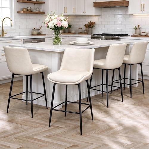 Counter Height Bar Stools Set of 4, FSC Certified Upholstered Faux Leather Barstools with Back, Metal Base, 27" Seat Height, Modern Upholstered Counter Stools for Kitchen Island,(Beige