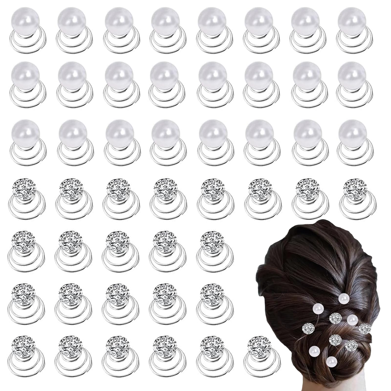 48 Pieces Gems Rhinestone Crystal Pearl Twisters Spiral Set for Women Silver Diamond Hair Pins Gems Coil Pearl Hair Clips for Wedding Prom Party and