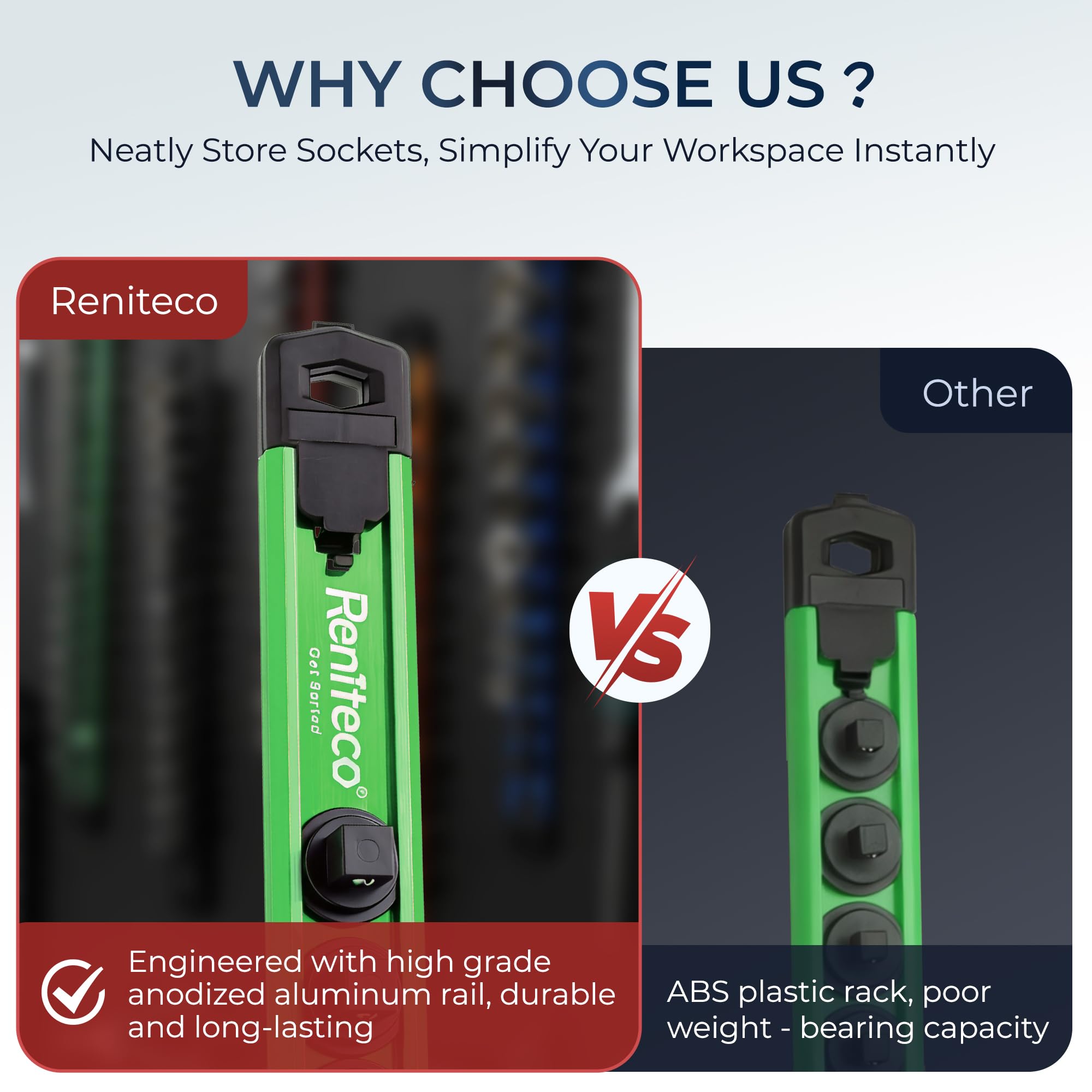 Reniteco Organizador magnético de 3 piezas, soporte de aluminio resistente, riel de enchufe para caja de herramientas, estante giratorio de 360° de alta calidad con 42 clips para 3/8 pulgadas (verde)