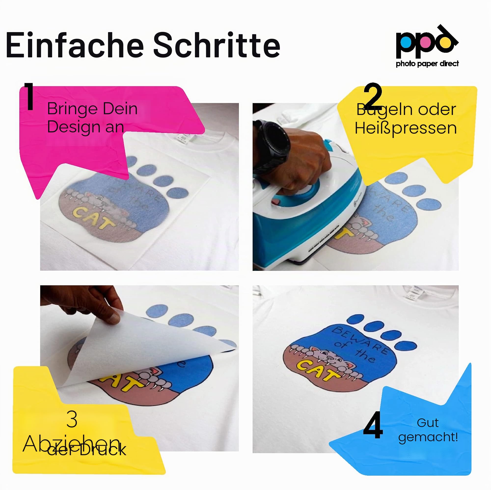 PPD 100xA4 Inkjet Premium Transferpapier für helles Textil, Bügeleisen und Transferpresse PPD-1-100