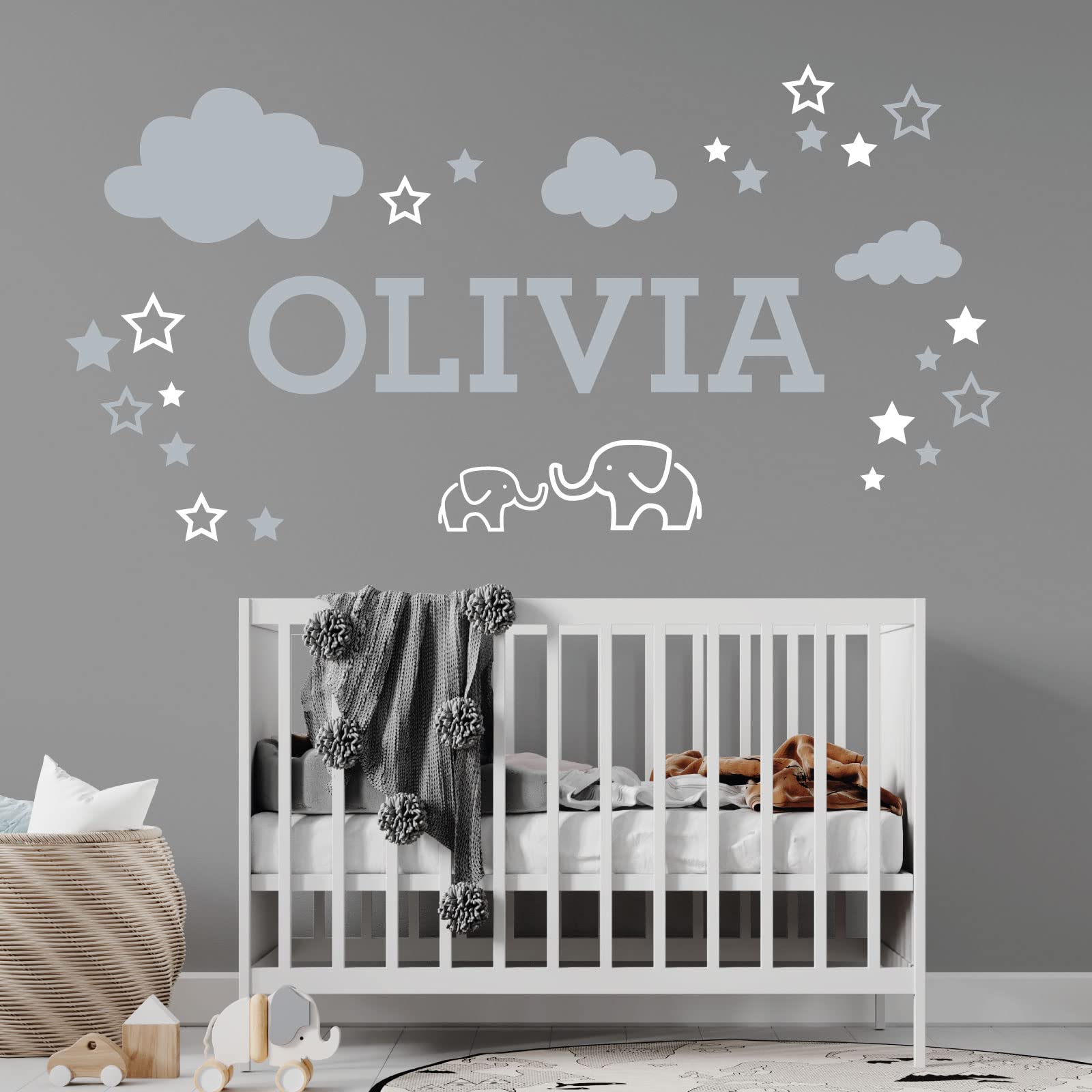 Elephants, Clouds & Stars - Personalised Name Nursery Wall Sticker [Medium] [White]