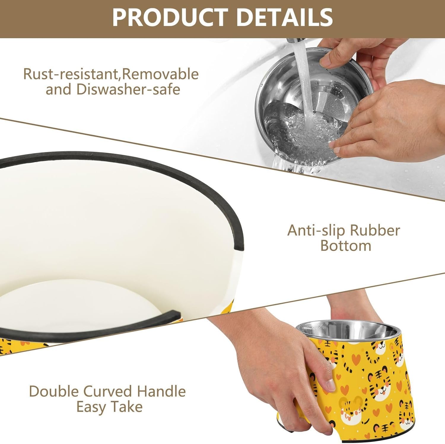 Cartoon Yellow Tigers Pets Food Bowl Enhanced Stainless Steel Cats Basic Bowls for Medium Dogs Whisker Fatigue