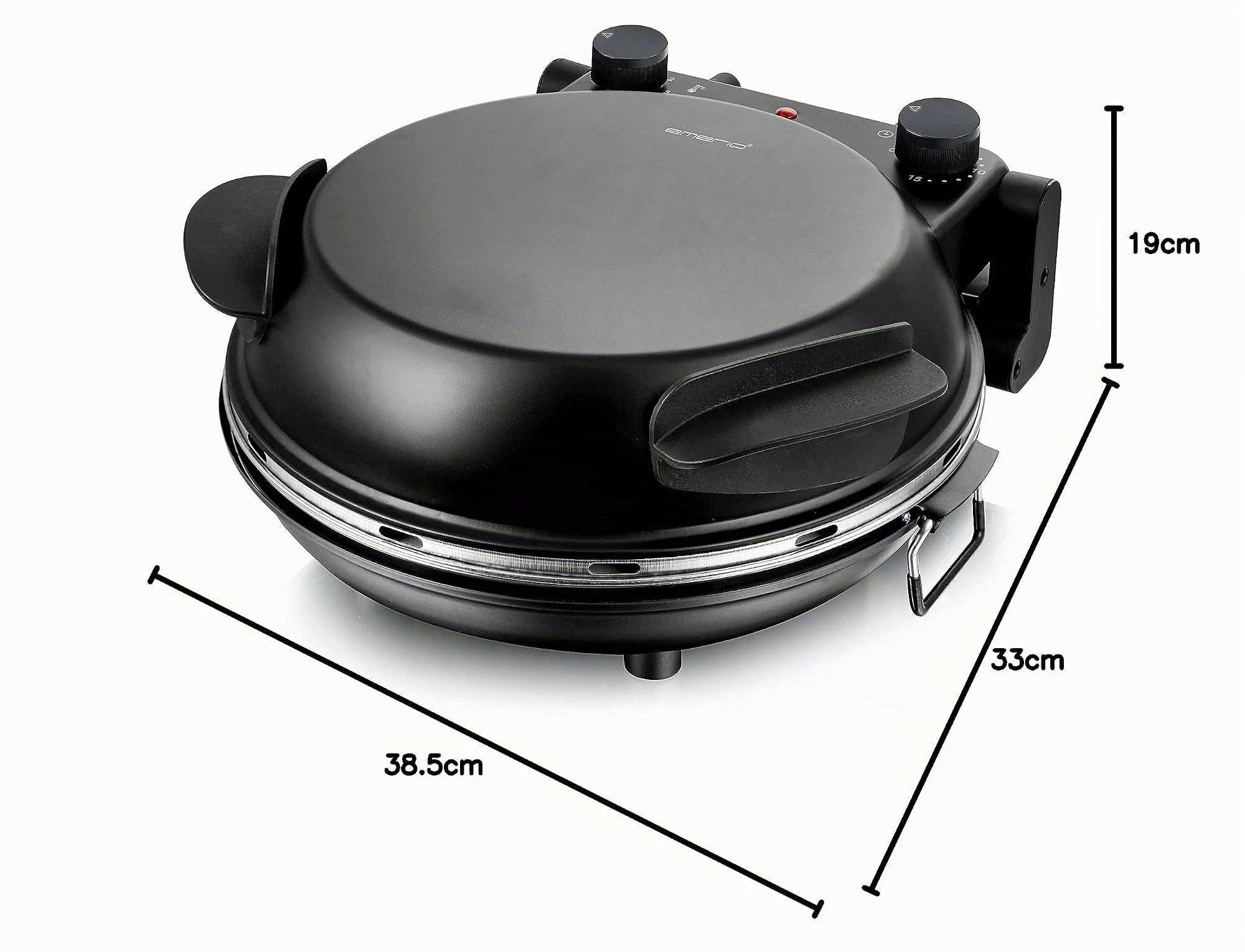 Emerio Pizzaofen, Platte aus feuerfestem Stein, backt Pizza in kurzer Zeit (auch für TK Pizza), 31.5 cm Durchmesser, 1200 Watt, Timer, BPA frei, Pizzaheber aus Edelstahl, PM-129032.2, Schwarz