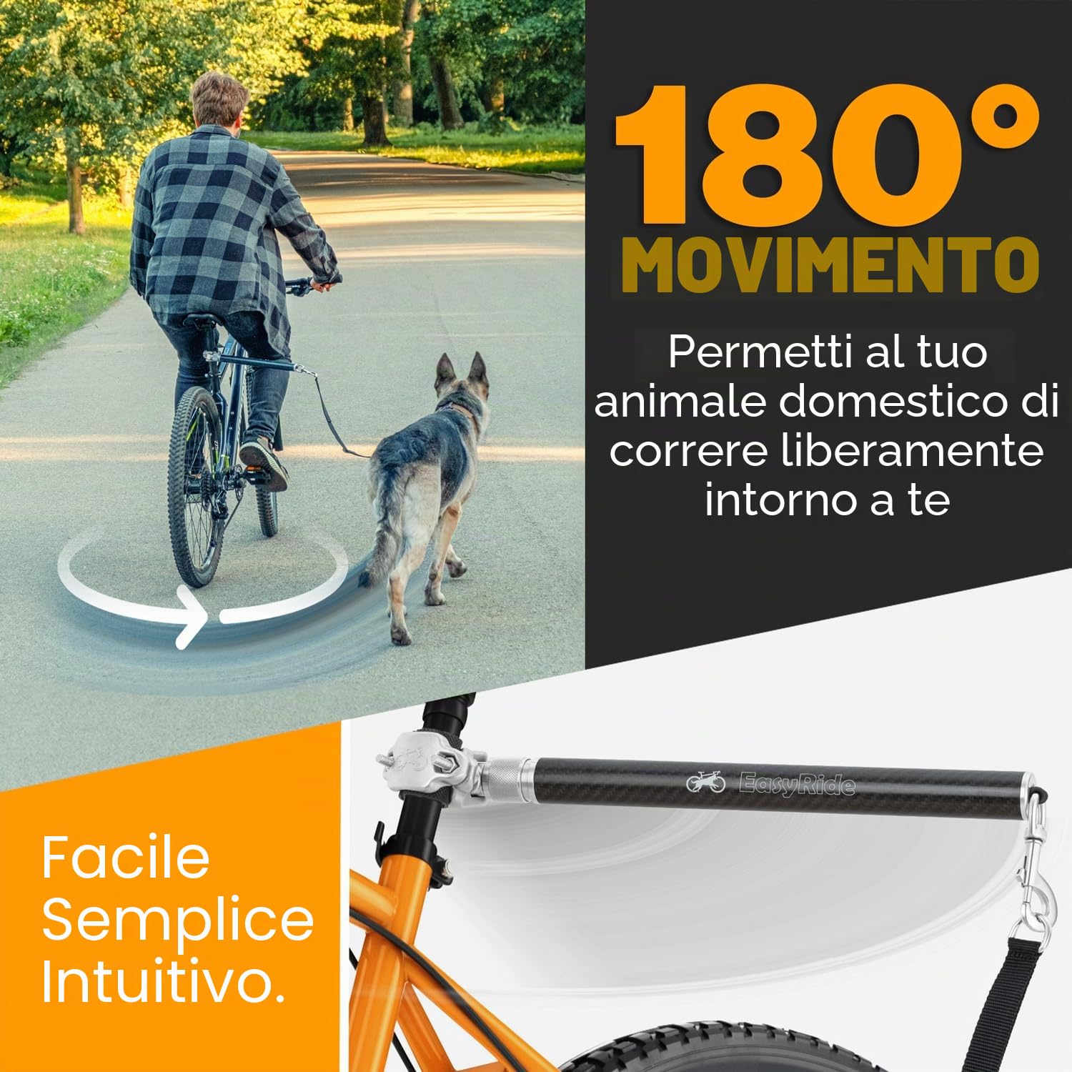 V2.0 - Guinzaglio per cani da bicicletta girevole a 180° - ammortizzatori e meccanismo di attacco rapido | Fibra di carbonio Staccabile, regolabile per una guida più fluida