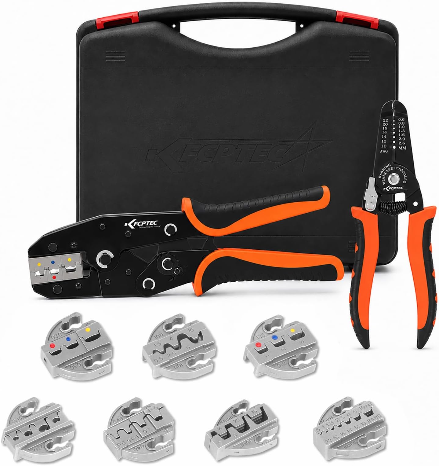 9PCS Quick-Change Wire Crimper Kit, Ratcheting Crimping Tool Set with Interchangeable Jaws, AWG 22-2, for Heat Shrink, Ferrules, Open Barrel, Insulated & Solar Connectors