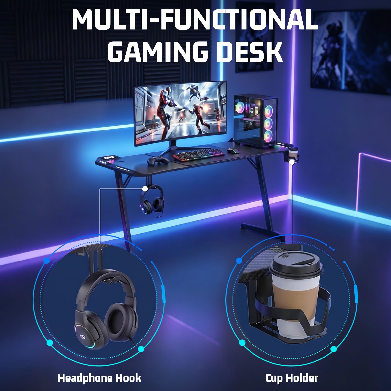 120 x 60 cm Gaming Tisch mit LED Desk mit Kopfhörerhaken und Getränkehalter | PC Tisch Gaming mit Kohlefaseroberfläche, Z-Form Gamer Schreibtisch Stabiler Computertisch für Gaming Home Office, Schwarz