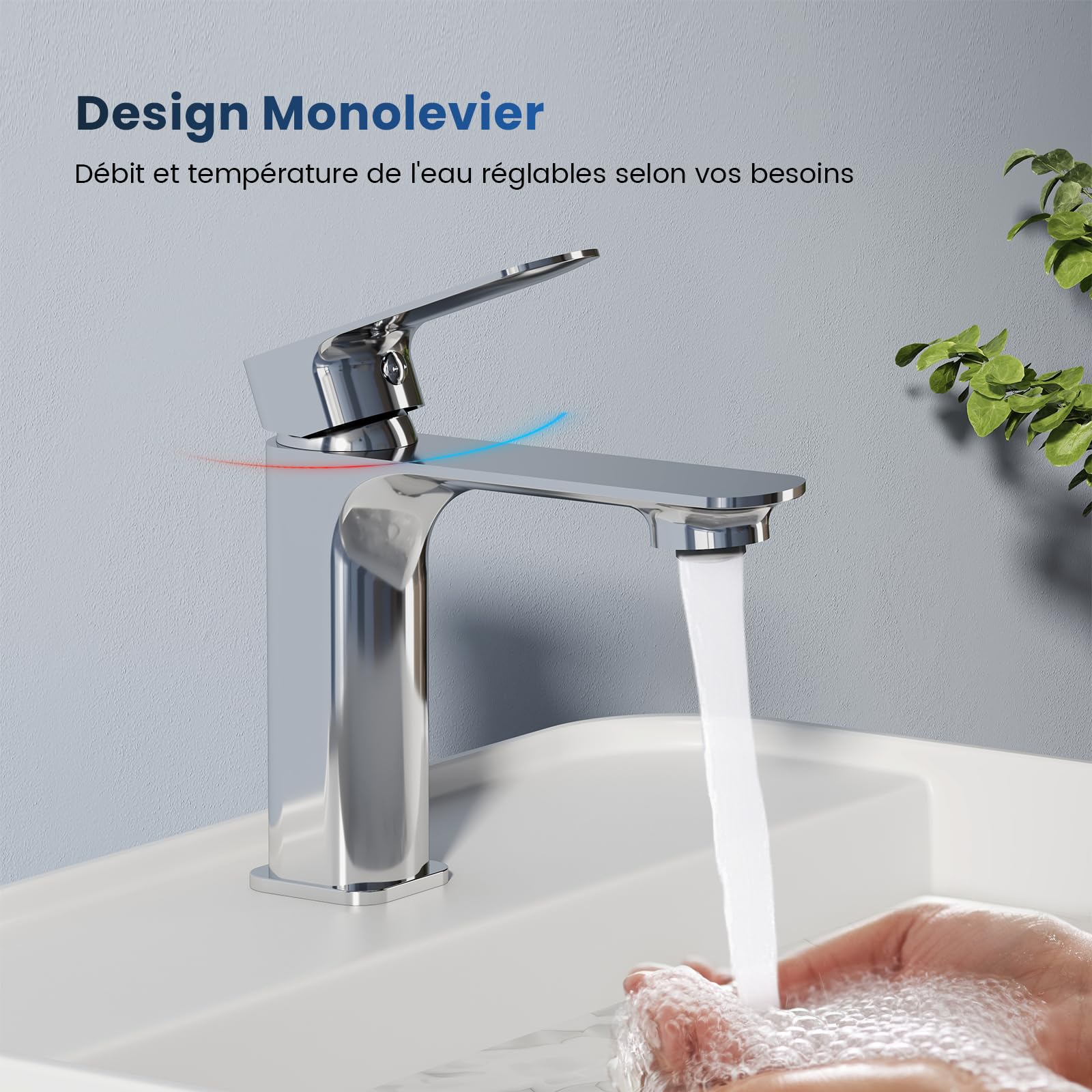 EMKE Grifo de Baño, 166x152x45 mm, Cuerpo de Latón, Mezclador para Lavabo, Grifo de Cocina con Aireador, Cartucho Cerámico, Acabado Cromado, Instalación Fácil