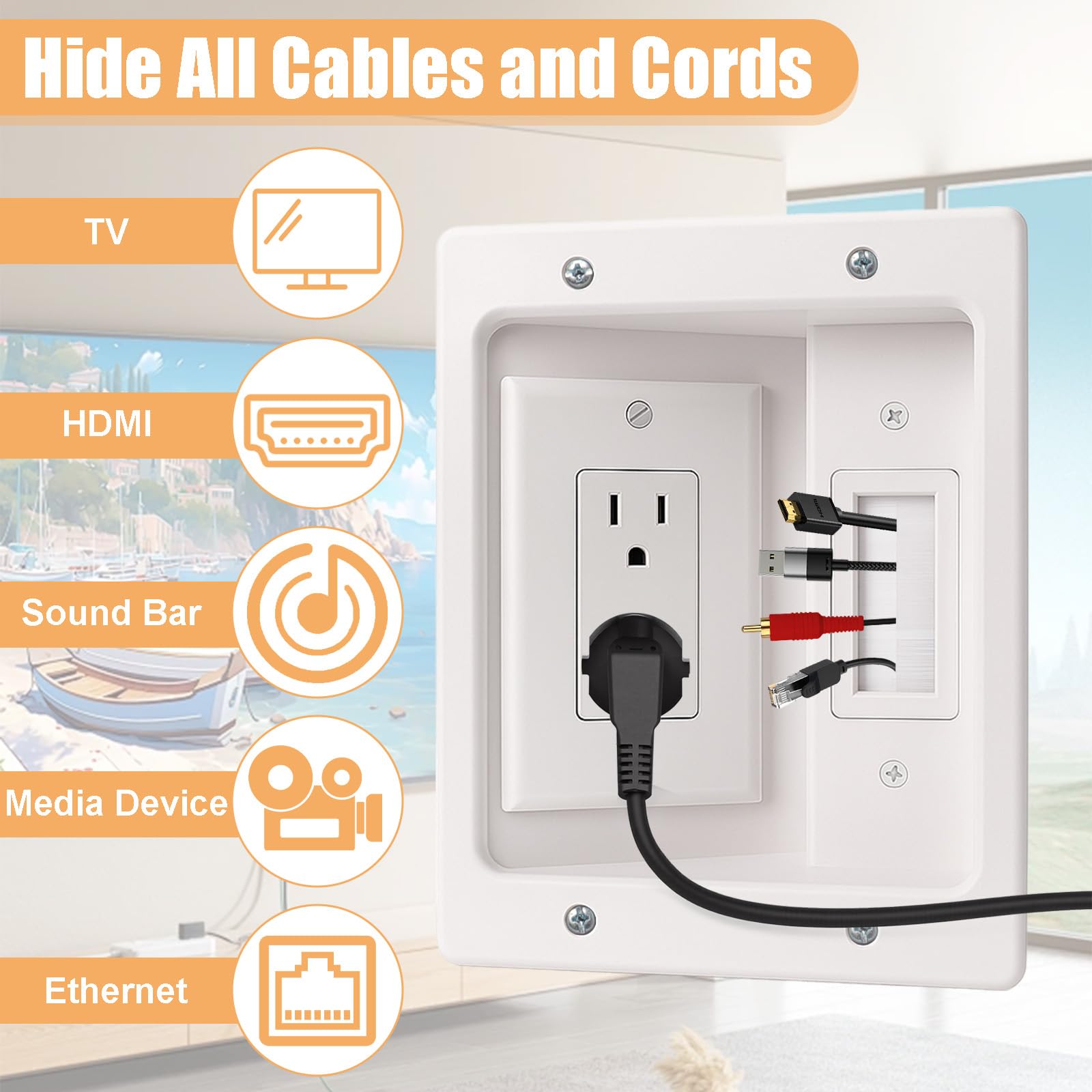 Kit correttore per TV a parete con alimentazione a incasso, presa TV a parete, presa a muro con cavo di alimentazione, kit da incasso e nascondicavo per un look pulito e professionale