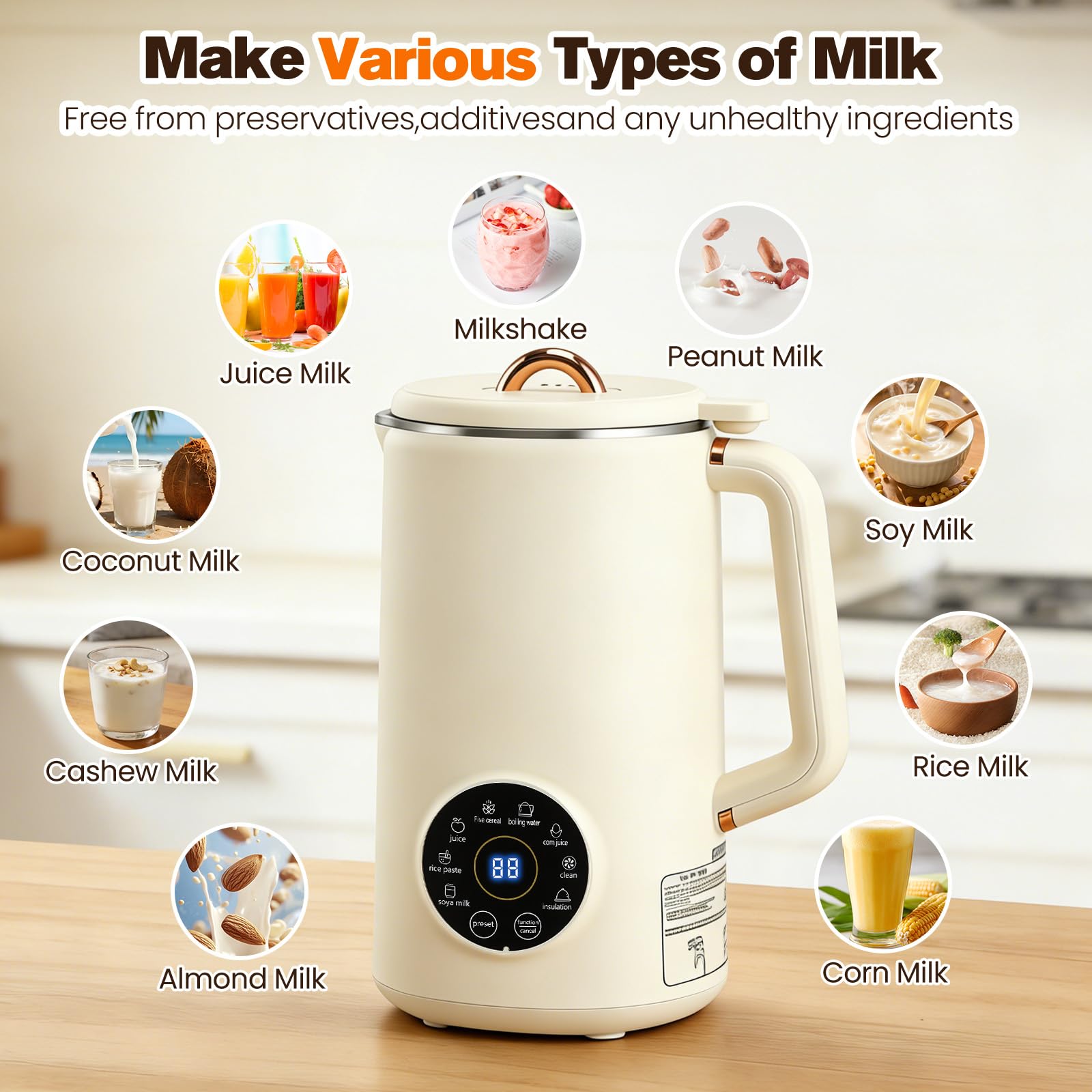 Máquina de Leche Vegetal 8 en 1, 1200 ml Máquina para Hacer Leche de Nueces y Soja con Mantenimiento Caliente y Autolimpieza, Máquina para Leche de Avena para Leche de Almendra/Avena Hecho en Casa