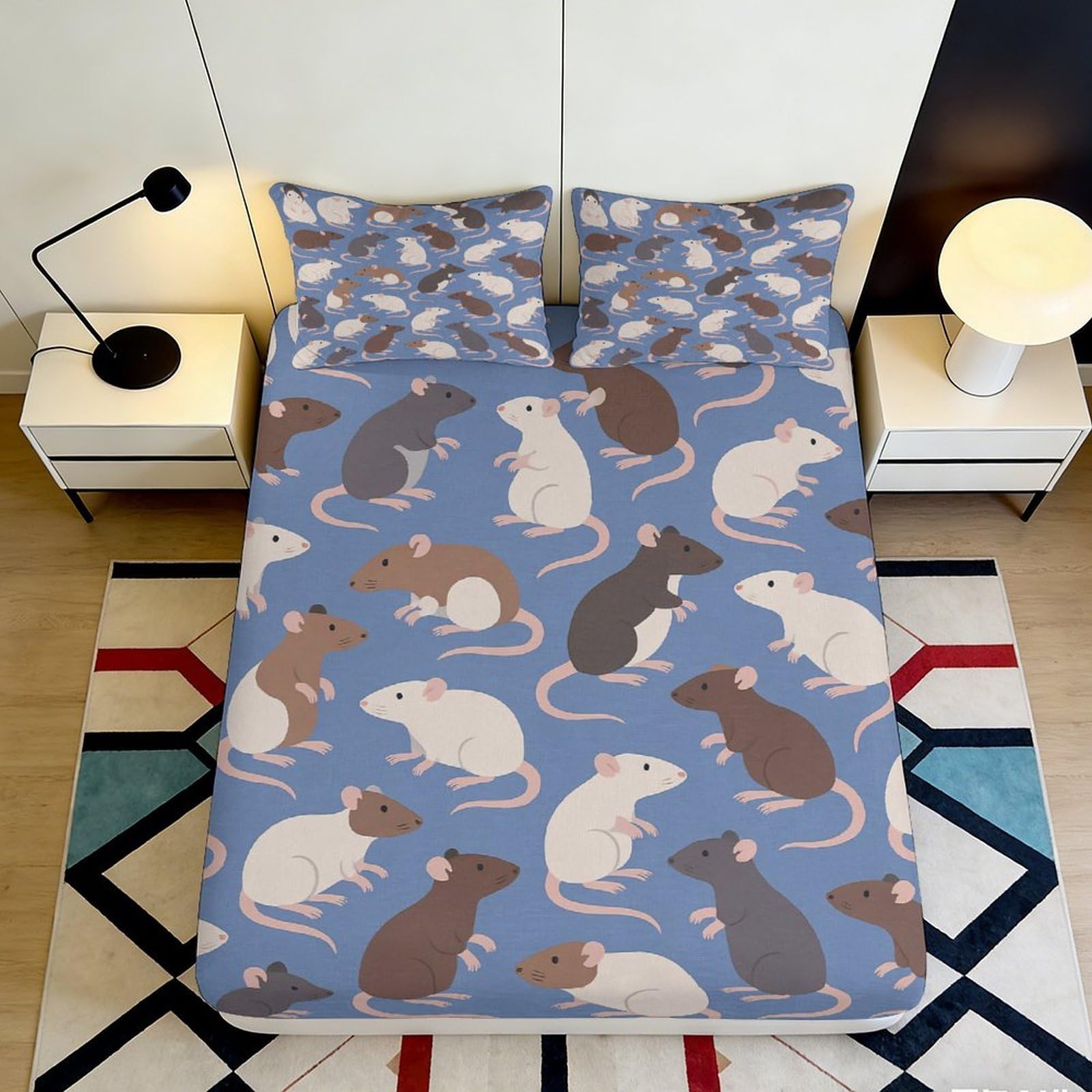 3D Printed Cartoon Rat Fitted Sheet Microfiber Soft Breathable Mouse Pattern Bed Sheet for Bedroom Guestroom Decor 90x200x25cm