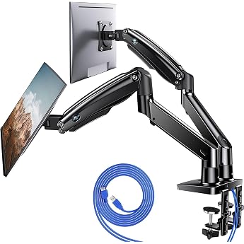 HUANUO Gaming Monitor Mount 2 Monitors Stable Screen Mount for 13   40 inches Height Adjustable & Ergonomic with USB VESA & C Clamp/Eyelet up to 12 kg per Arm