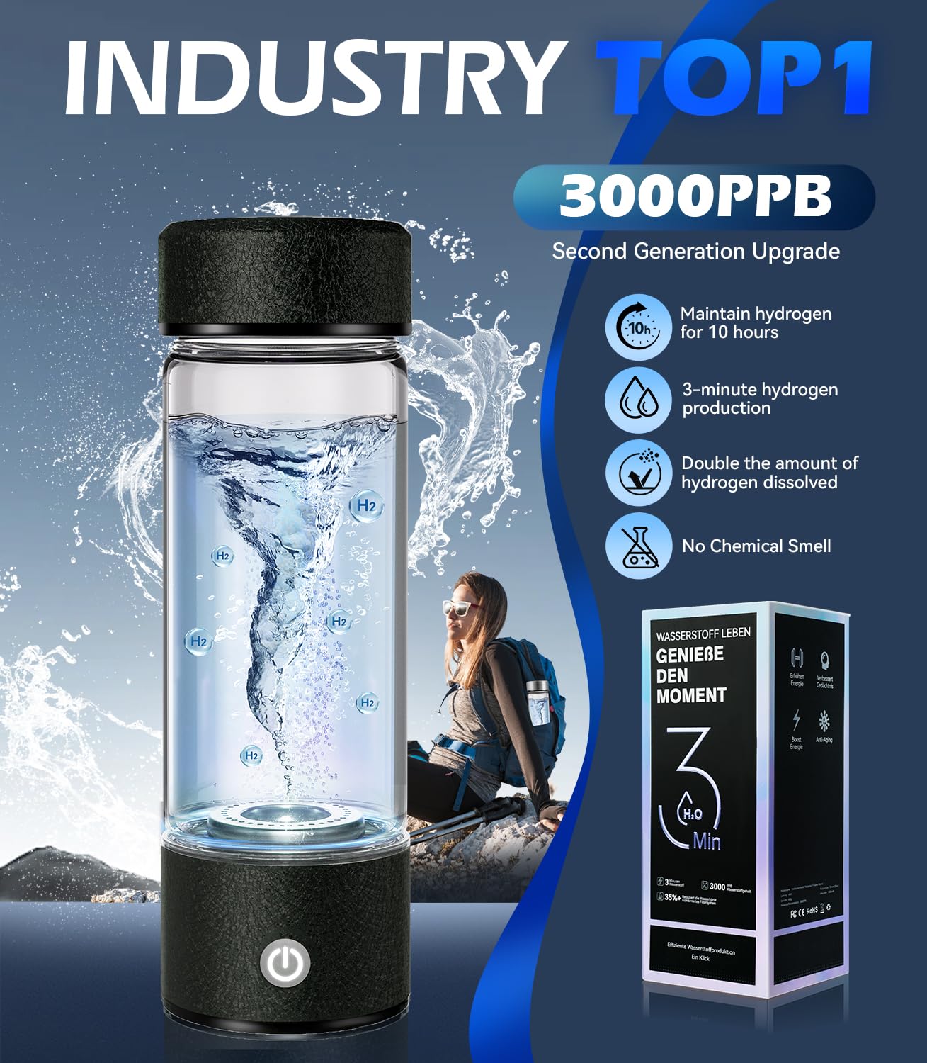 2026 NO.1 Wasserstoff Wasserflasche【48h H₂ Power – Zero Perm】Hydrogen Water Bottle【3000PPB H₂ – 3x w/SPE/PEM】100% auslaufsicher Wasserstoff-Wassergenerator für Reisen, Sport【Schwarz】