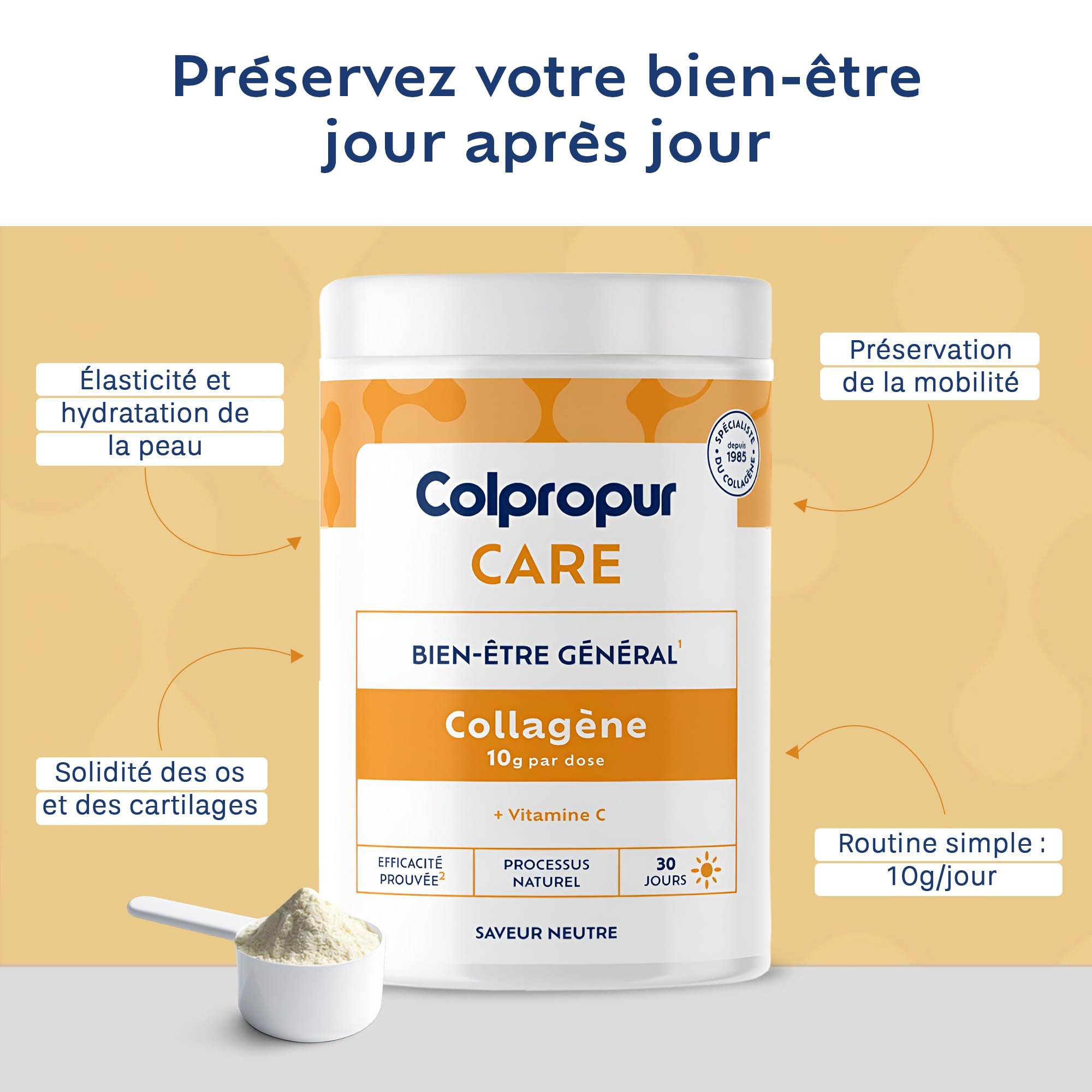 COLLAGENE Hydrolysé en Poudre + Vitamine C | Soutien Articulations,Os Peau | Colpropur Care |10g/jour | formule pure sans sucre ni OGM | Saveur Neutre | Complément Alimentaire | cure 1 mois