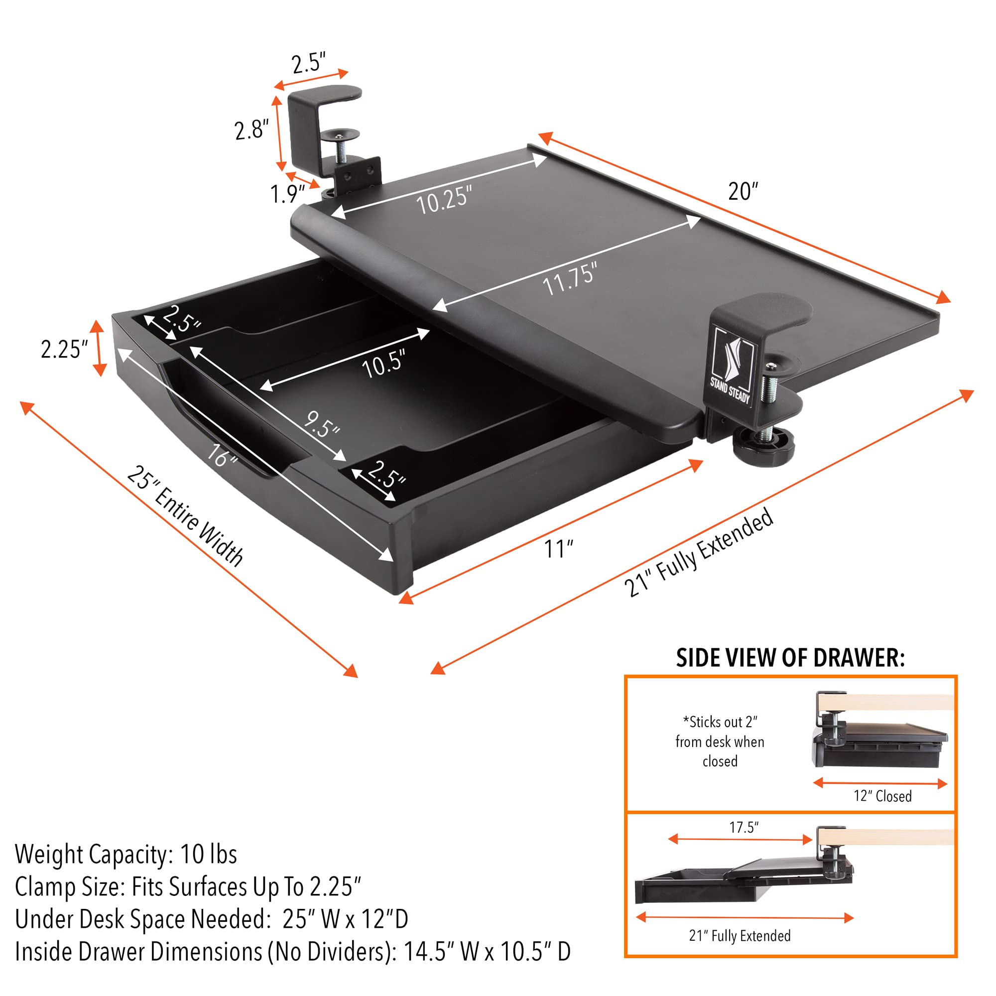 Buy Stand Steady ClampOn Keyboard Tray with Drawer 2in1 Under Desk