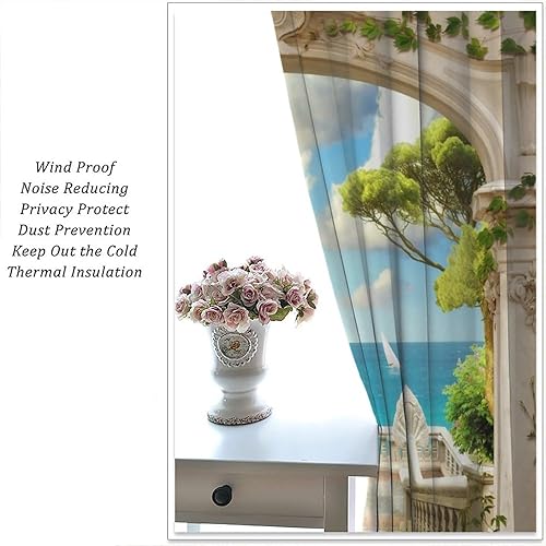 Miniatura 5 de Cortinas de ventana de playa tropical de verano, cielo azul, mar, arco clásico, floral, vides, terraza, gaviotas, dormitorio, estudio, habitación de