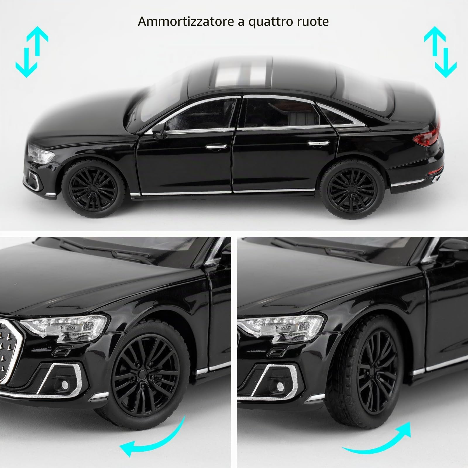 imtfzct Audi A8 1/32 auto in miniatura con funzione sonora e luce giocattolo per bambini con funzione pull-ack, qualità da collezione, regalo per bambini, nero
