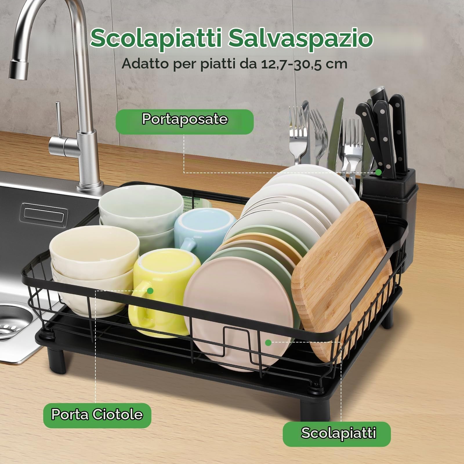 Cozary scolapiatti salvaspazio per il piano di lavoro della cucina con portautensili, scolapiatti da cucina con sgocciolatoio, nero