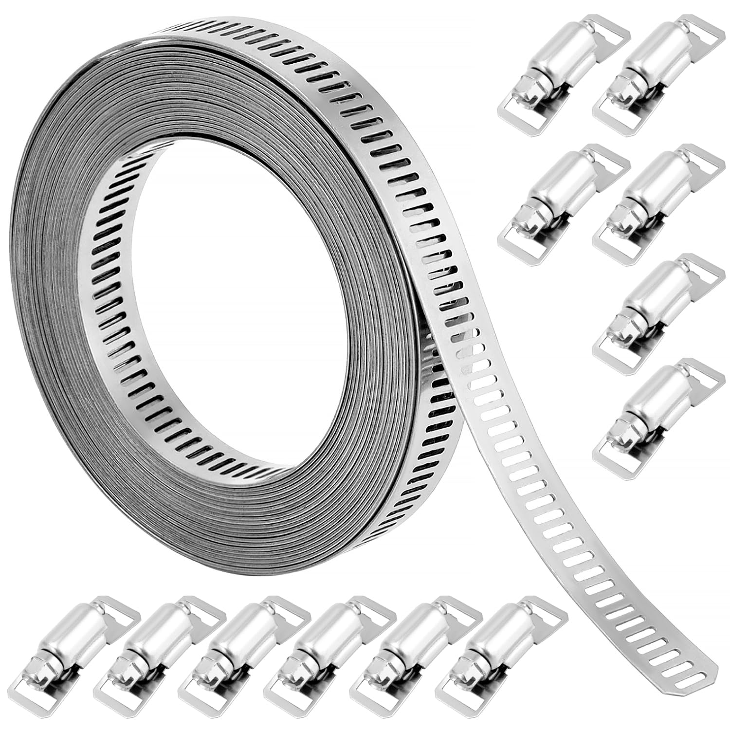 QWORK® 304 Stainless Steel Clips, Hoses Clamps 5m/16.4ft with 12 Fasteners for Tube and Fuel Line Pipe, Air Ducting