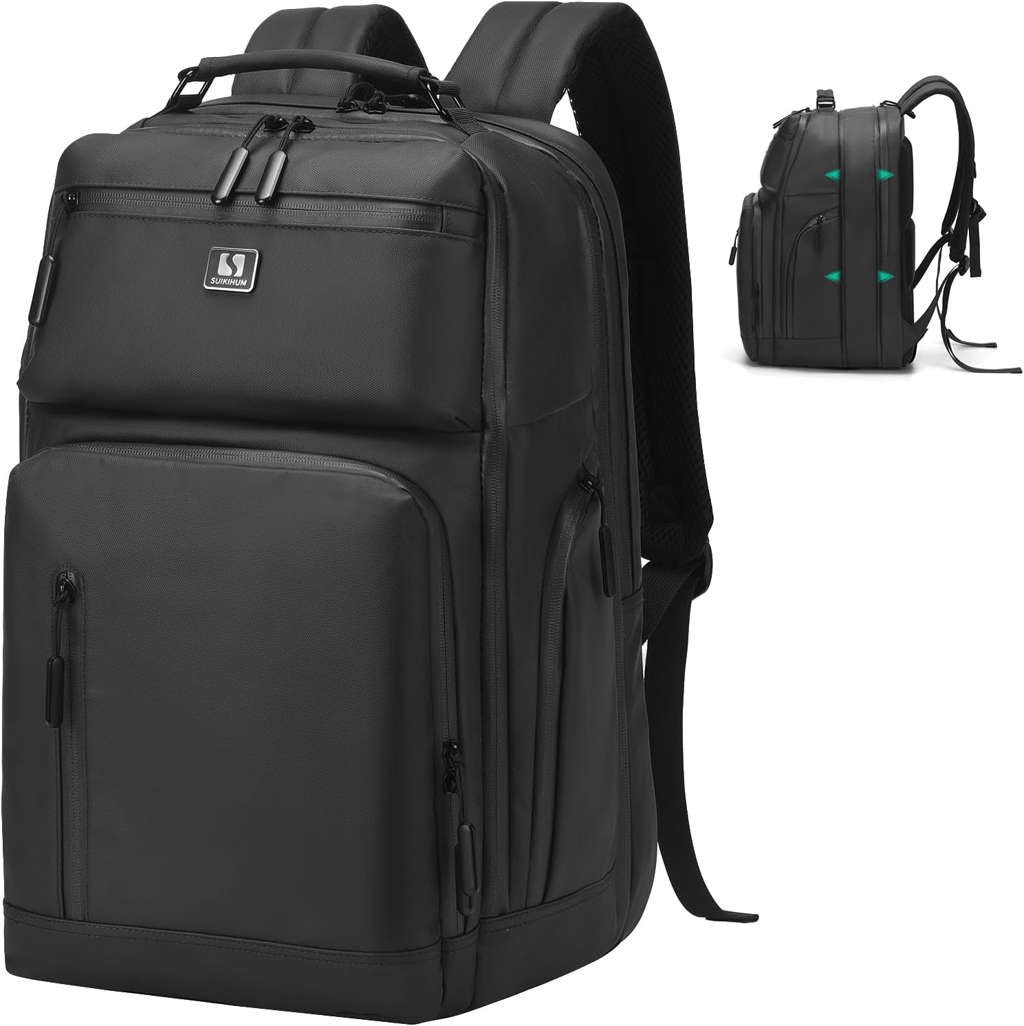 Expandable Business Backpack with 17" Laptop Compartment - Waterproof, Airline Approved, 33L-42L Capacity, for Work & Travel, Black