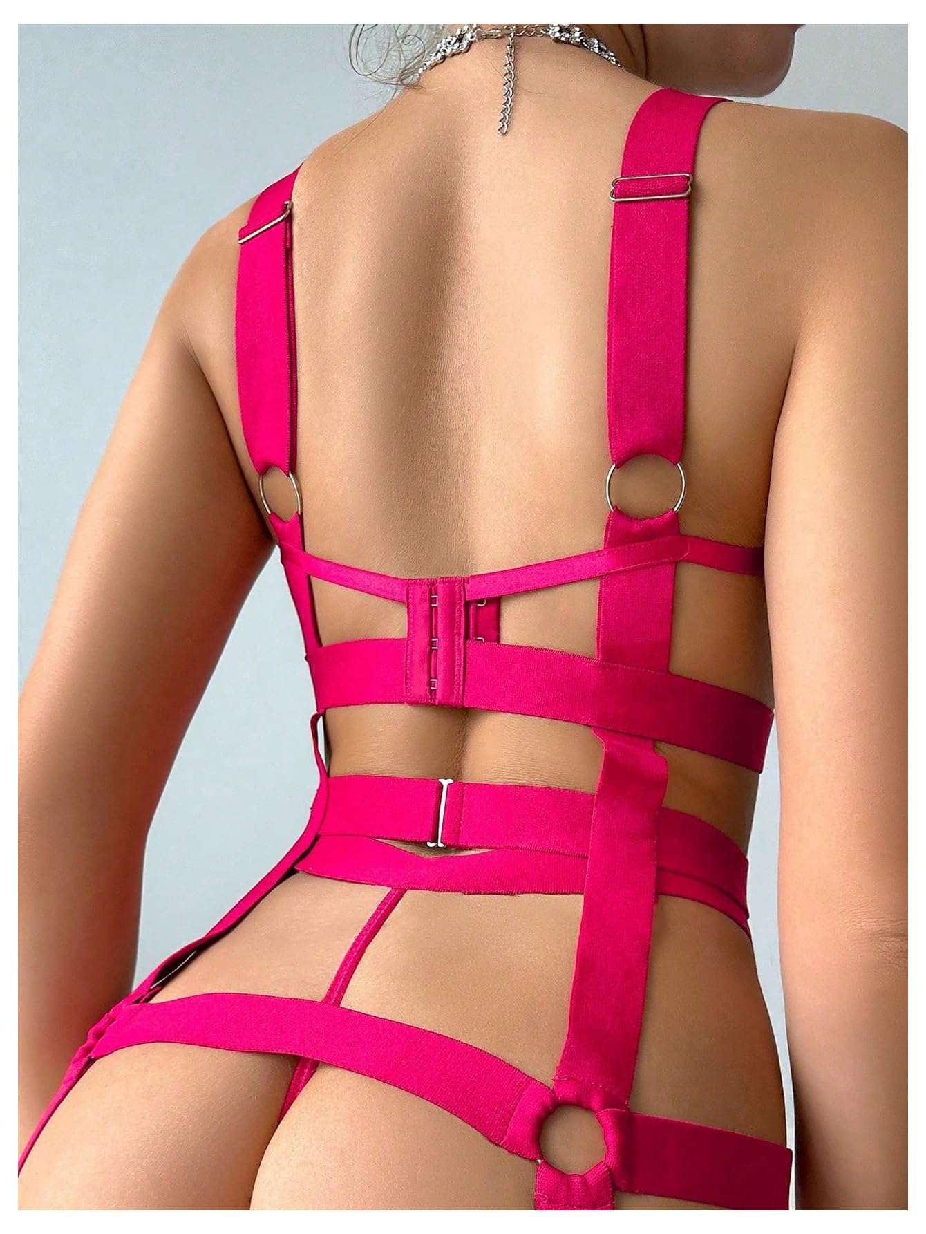 SOLY HUX Lingerie Set for Women 4 Piece Cutout Underwire Lingerie Set Bra and Panty with Leg Ring: Small Plain Hotpink