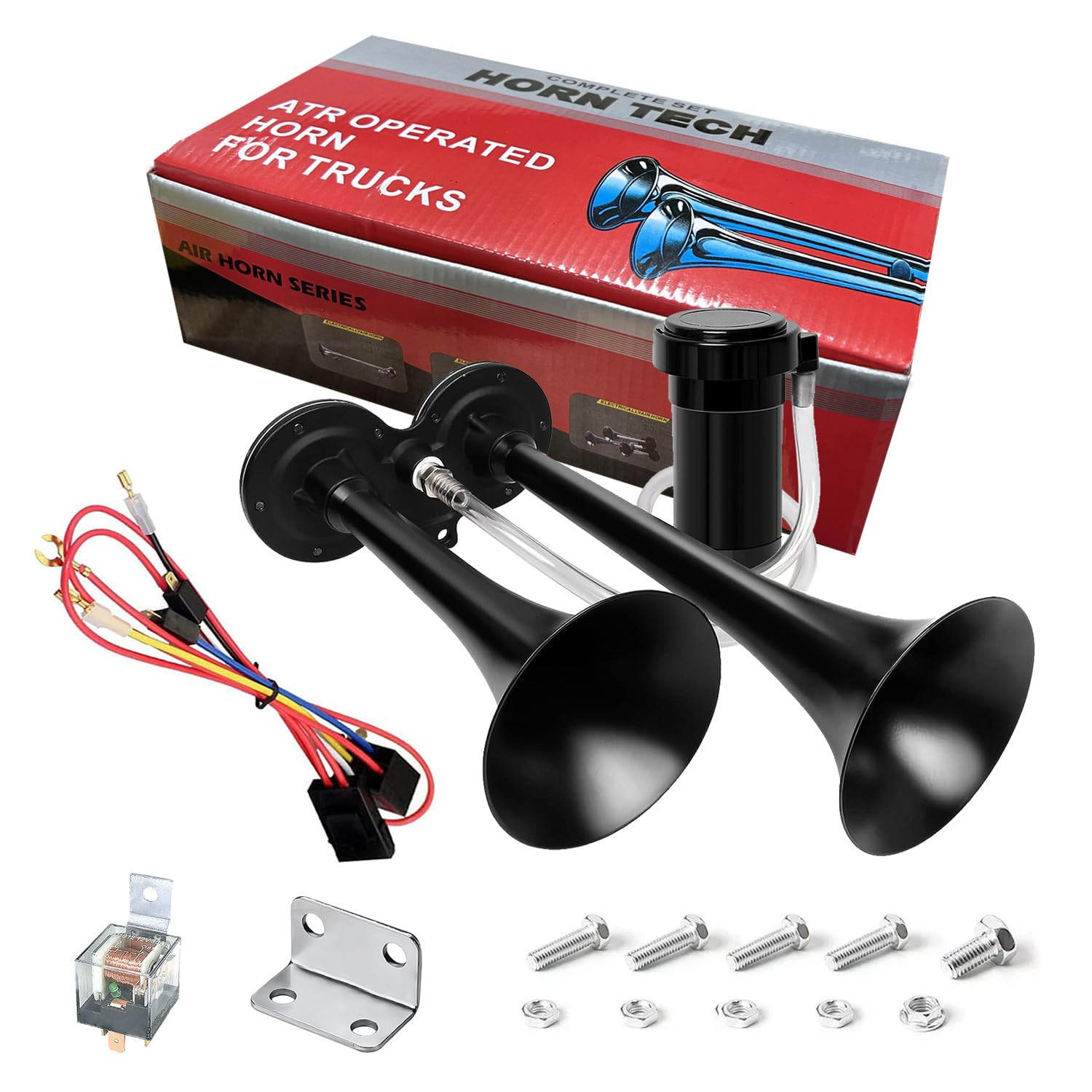 12V Drucklufthorn Lufthorn, 150dB LKW Hupe Doppelrohr Horn Schwarz Elektrische Lufthorn Hupe Chrom Zink Dual Trompete Air Horn mit Kompressor für PKW LKW Booten Motorrädern