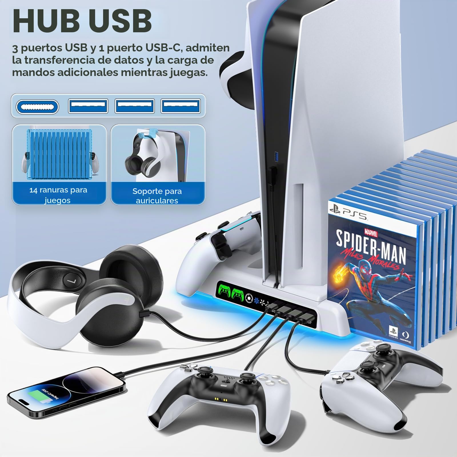 OIVO Soporte para PS5/PS5 Slim/PS5 Pro con Ventilador de 3 Velocidades, Cargador para Mando PS5, Soporte PS5 Vertical con 3 Puertos USB y Ranuras de 14 Juegos, Almacenamiento para PS5